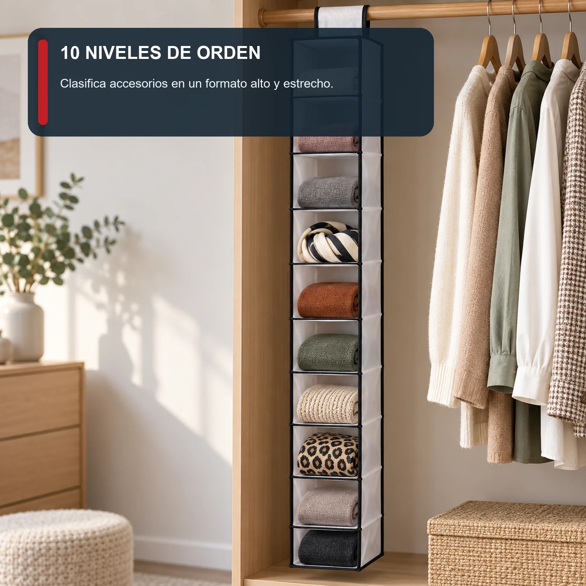 Organizador Colgante Estrecho de Clóset de 10 Niveles de PEVA y PP, 15 × 30 × 120 cm, 1 Unidad