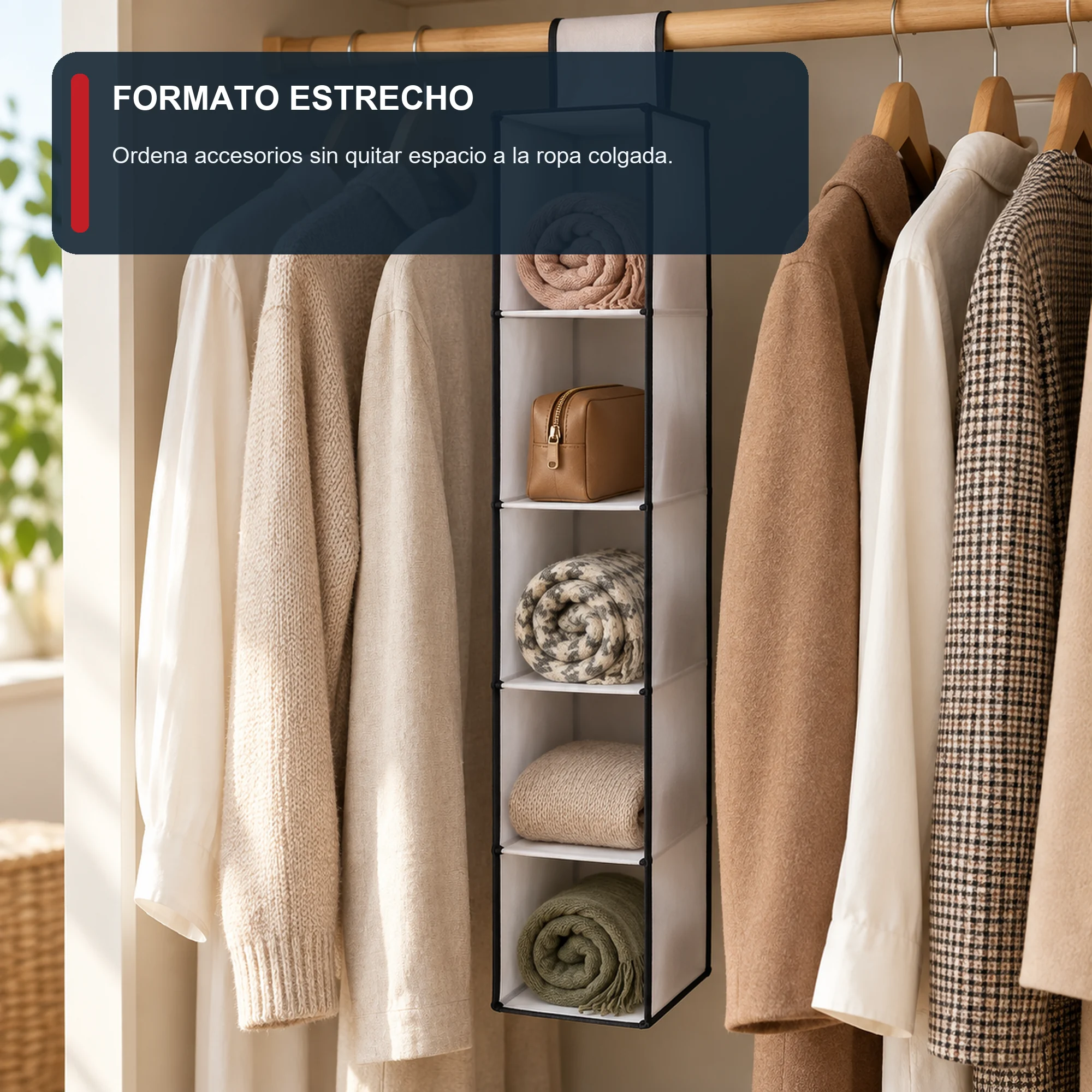 Organizador Colgante Estrecho de Clóset de 5 Niveles de PEVA y PP, 15 × 30 × 70 cm, 1 Unidad