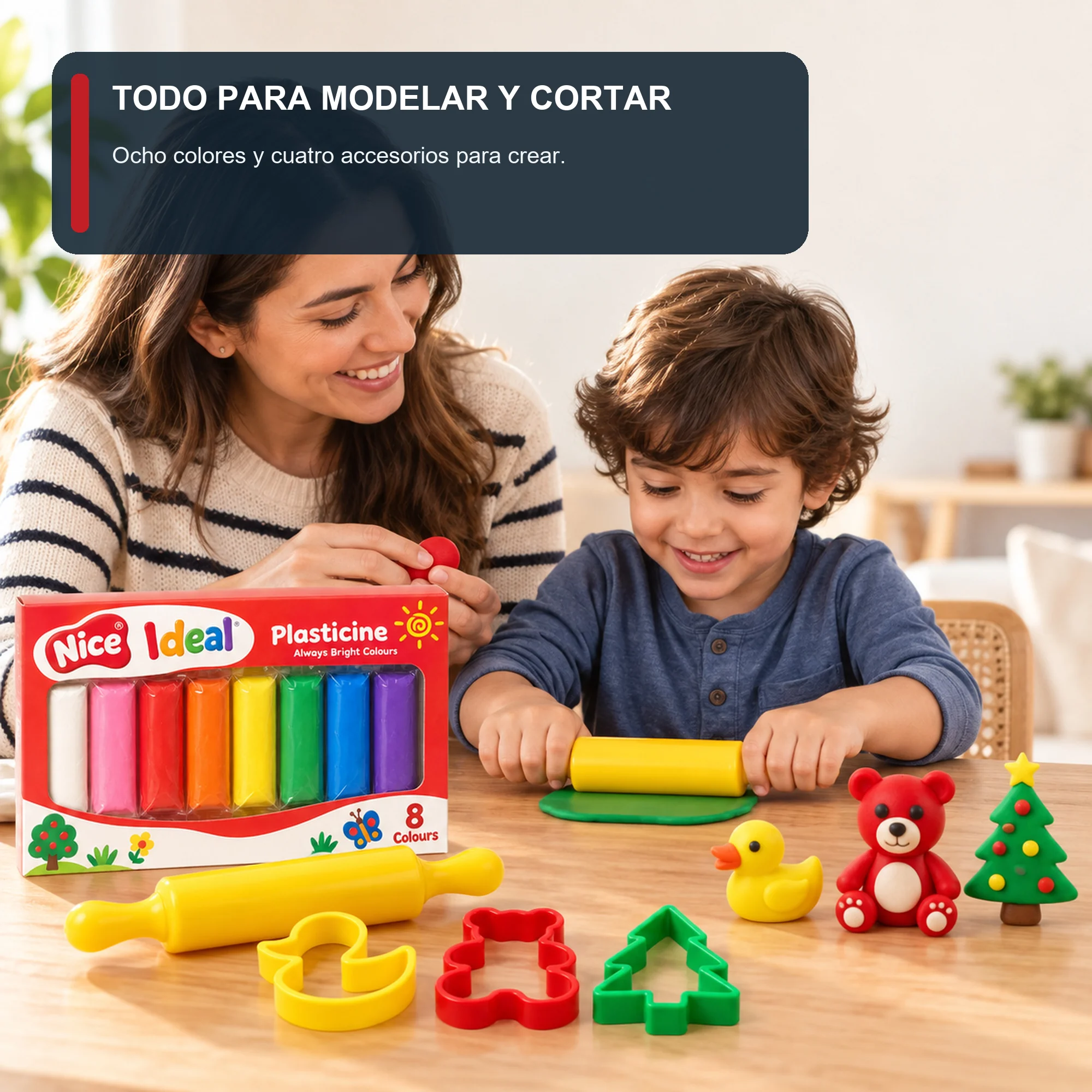 Plasticina de 8 Colores con Rodillo y 3 Cortadores, 100 g
