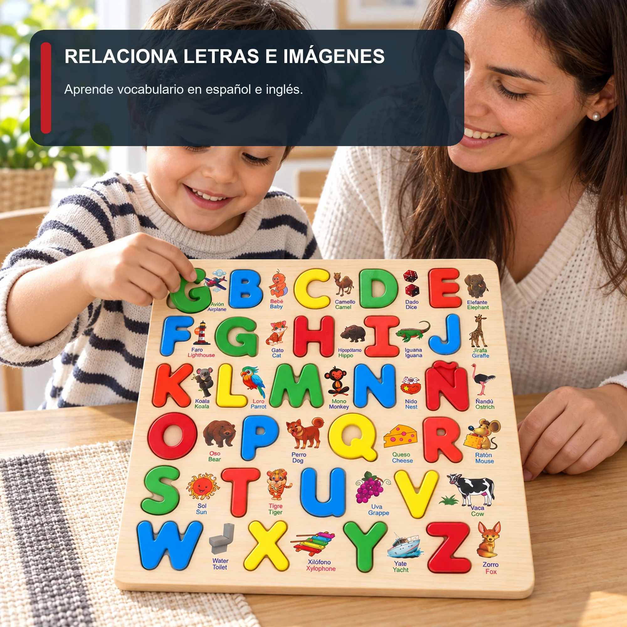 Puzzle de Madera con Alfabeto Bilingüe Español-Inglés, 30 × 30 cm