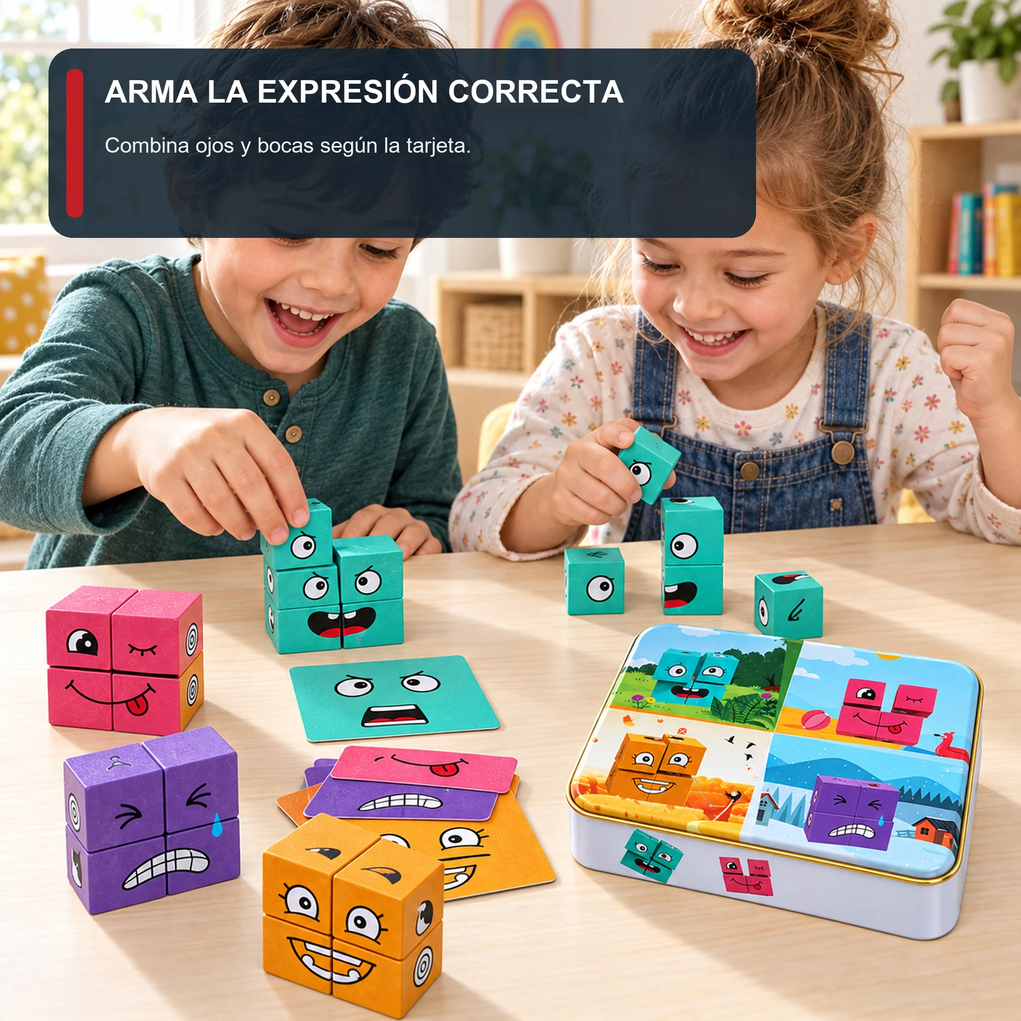 Puzzle de Expresiones con Cubos de Madera y Caja Metálica