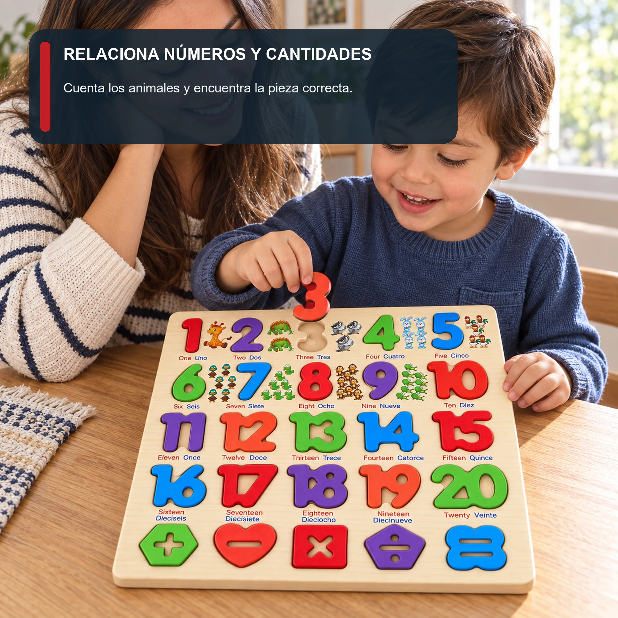 Puzzle de Madera con Números Bilingües del 1 al 20, 30 × 30 cm