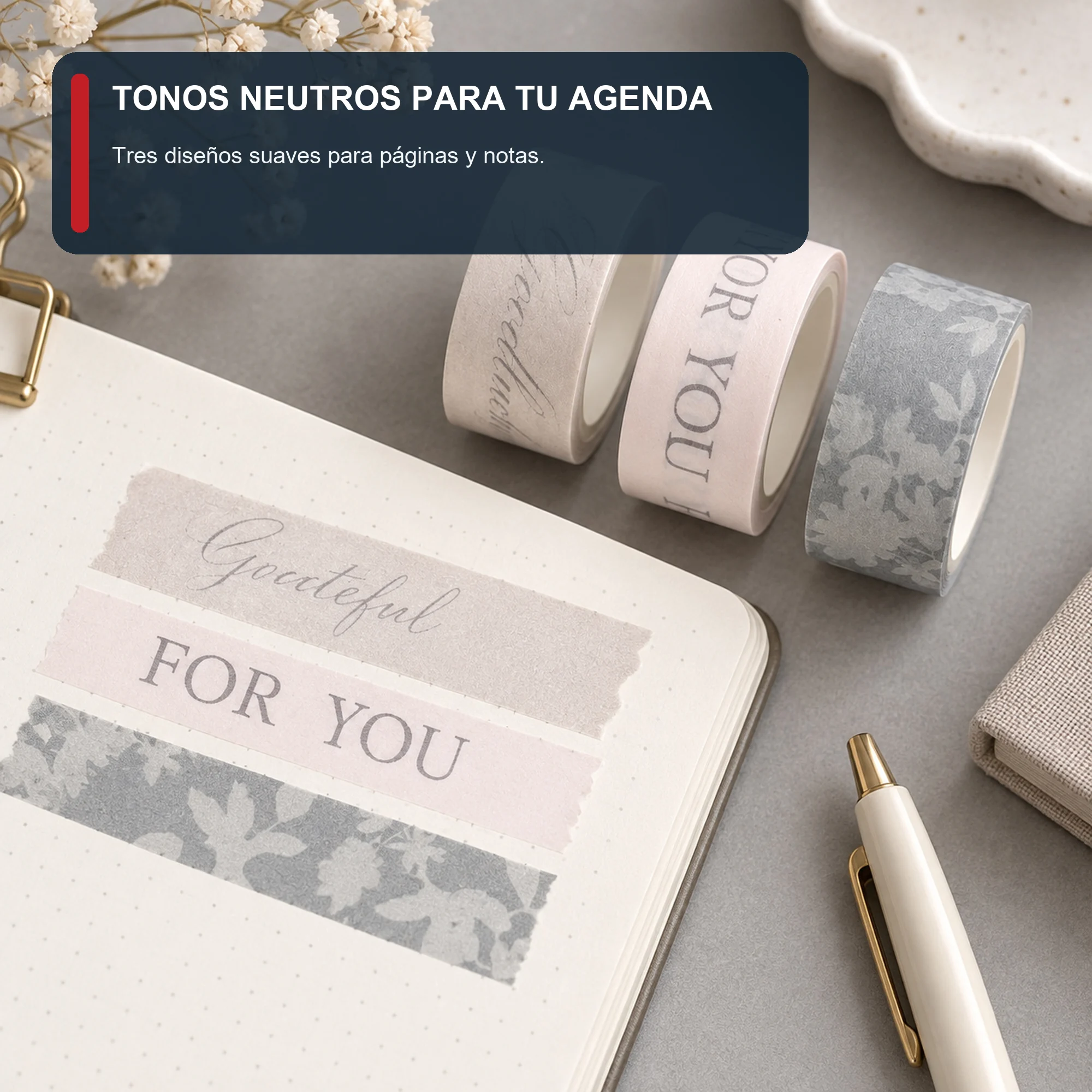 Set de 3 Cintas Washi Grises Con Mensaje For You, 1,5 cm × 2 m por Rollo