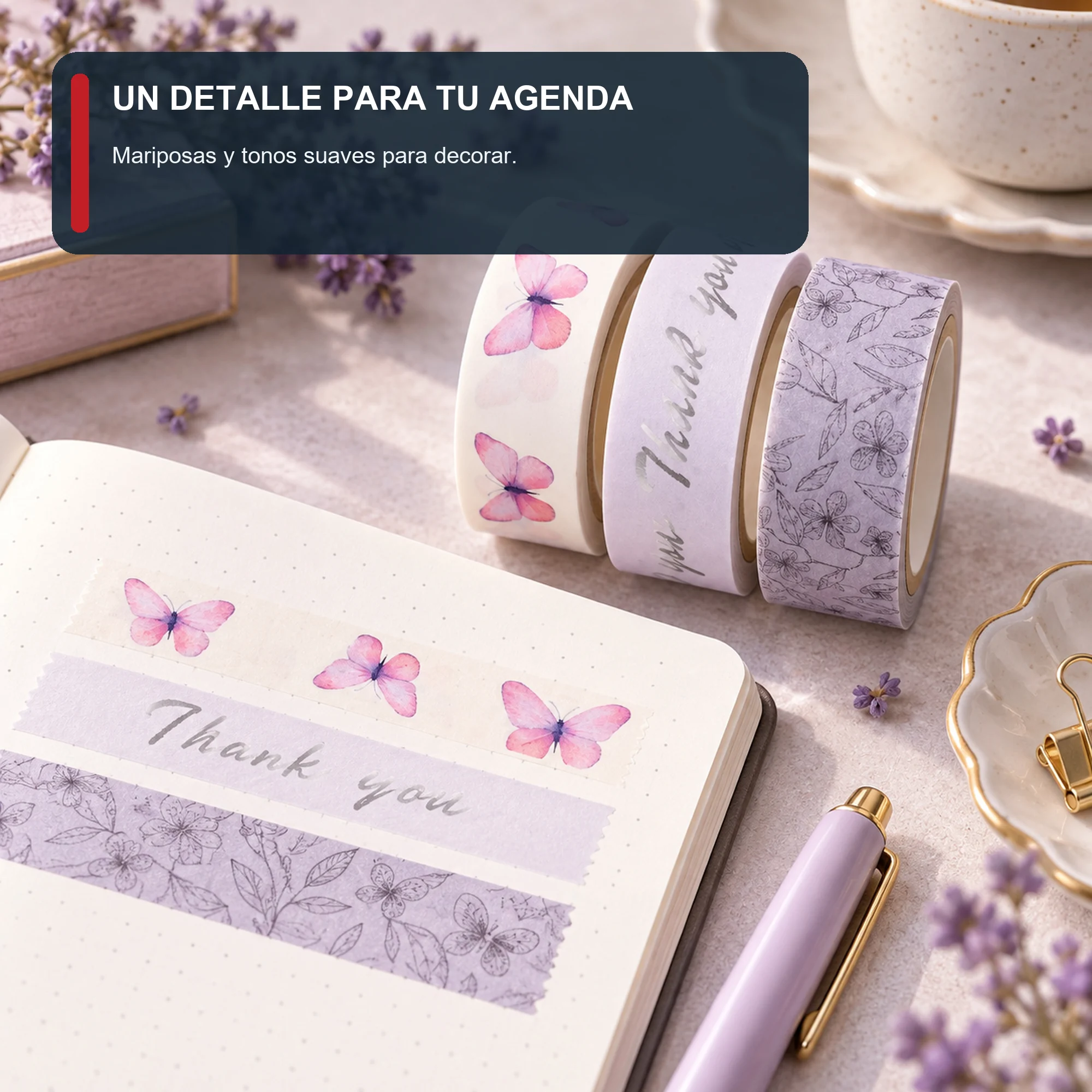 Set de 3 Cintas Washi Lila Con Mariposas, 1,5 cm × 2 m por Rollo
