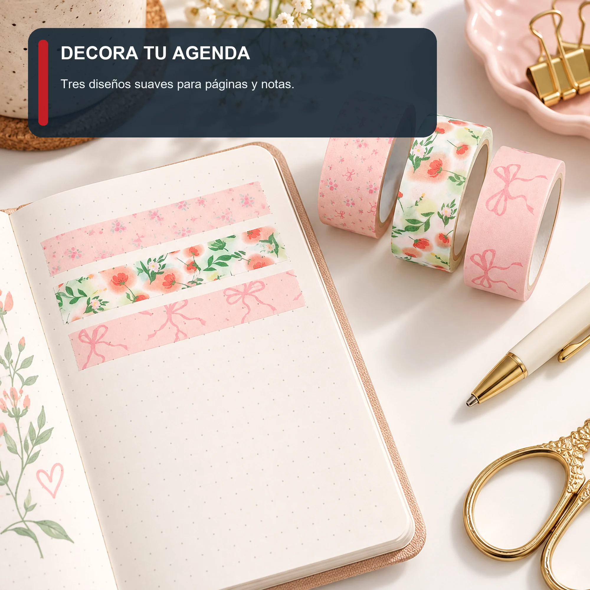 Set de 3 Cintas Washi Rosadas Florales, 1,5 cm × 2 m por Rollo