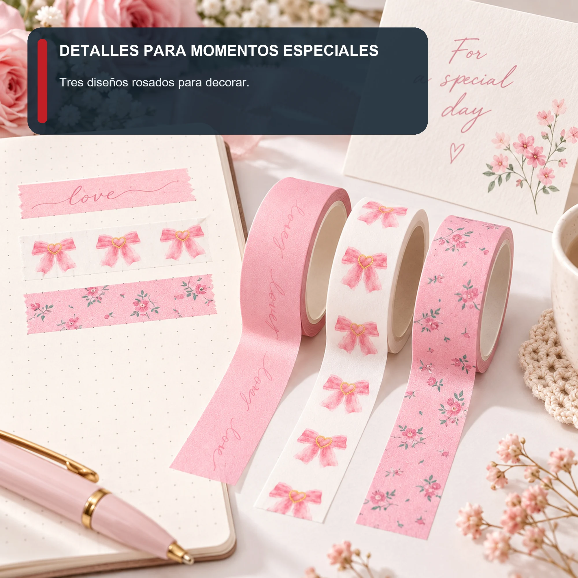 Set de 3 Cintas Washi Rosadas Con Lazos Y Flores, 1,5 cm × 2 m por Rollo