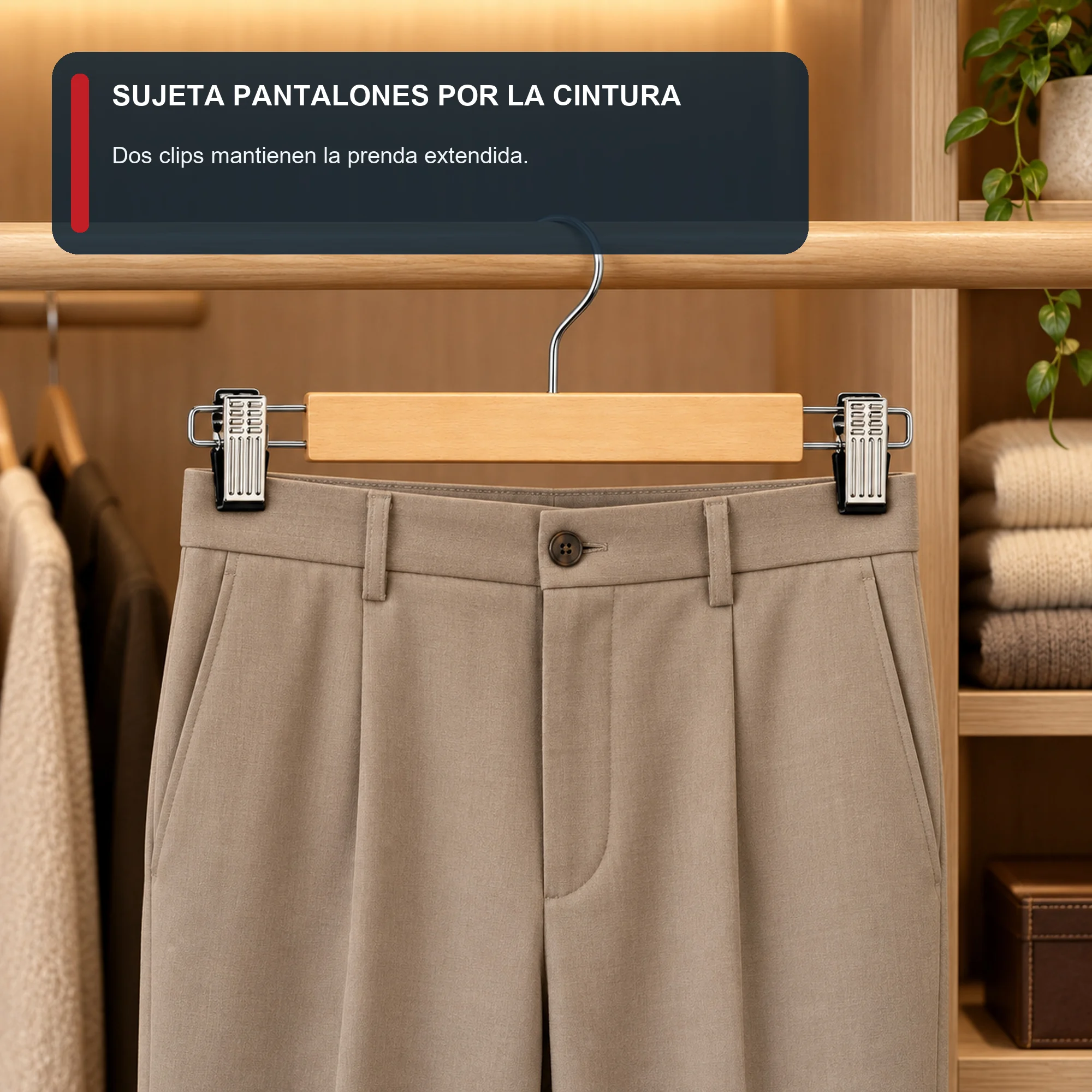 Set de 3 Colgadores con Pinzas de Madera, 33 cm