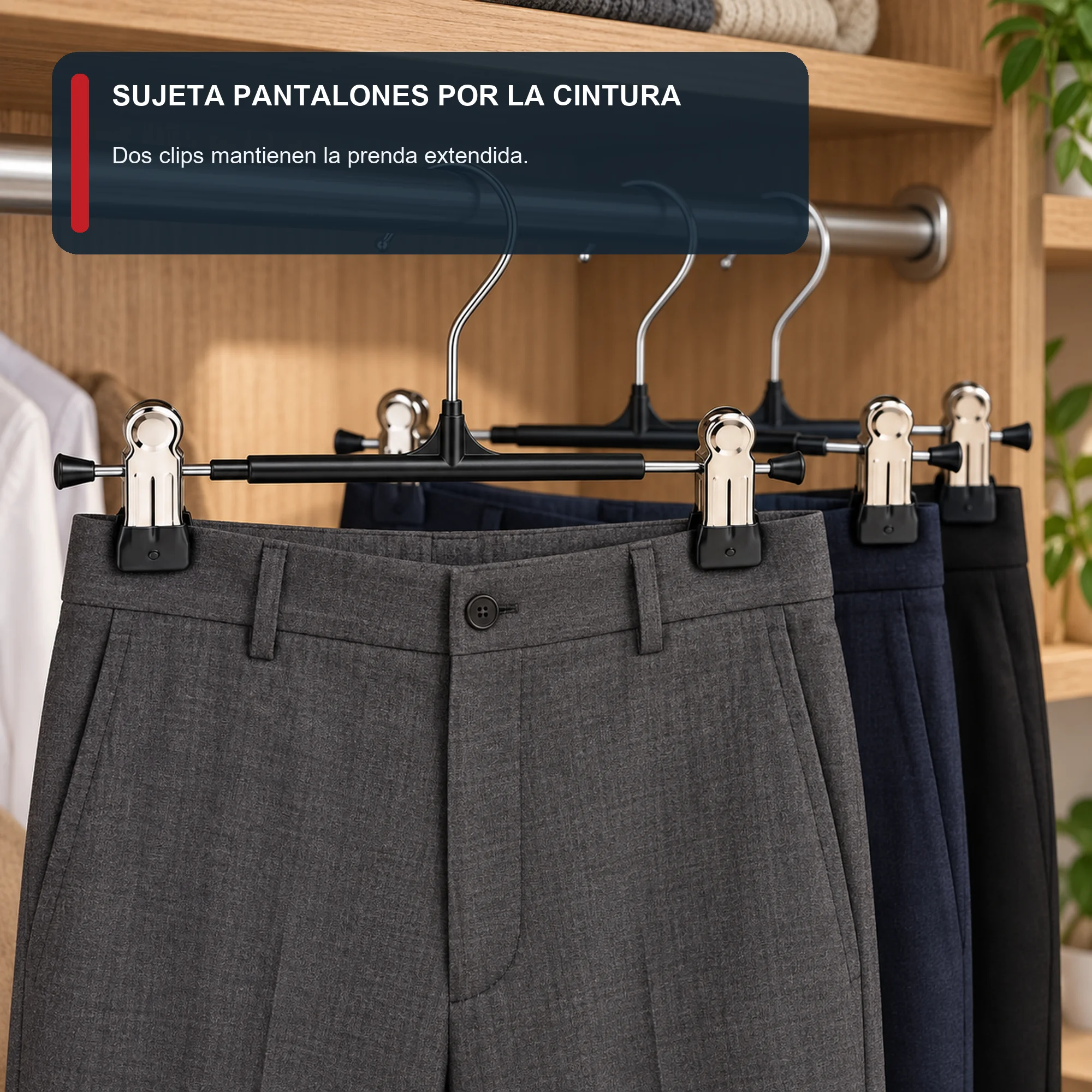 Set de 3 Colgadores con Pinzas Ajustables para Pantalón y Falda, 30 cm