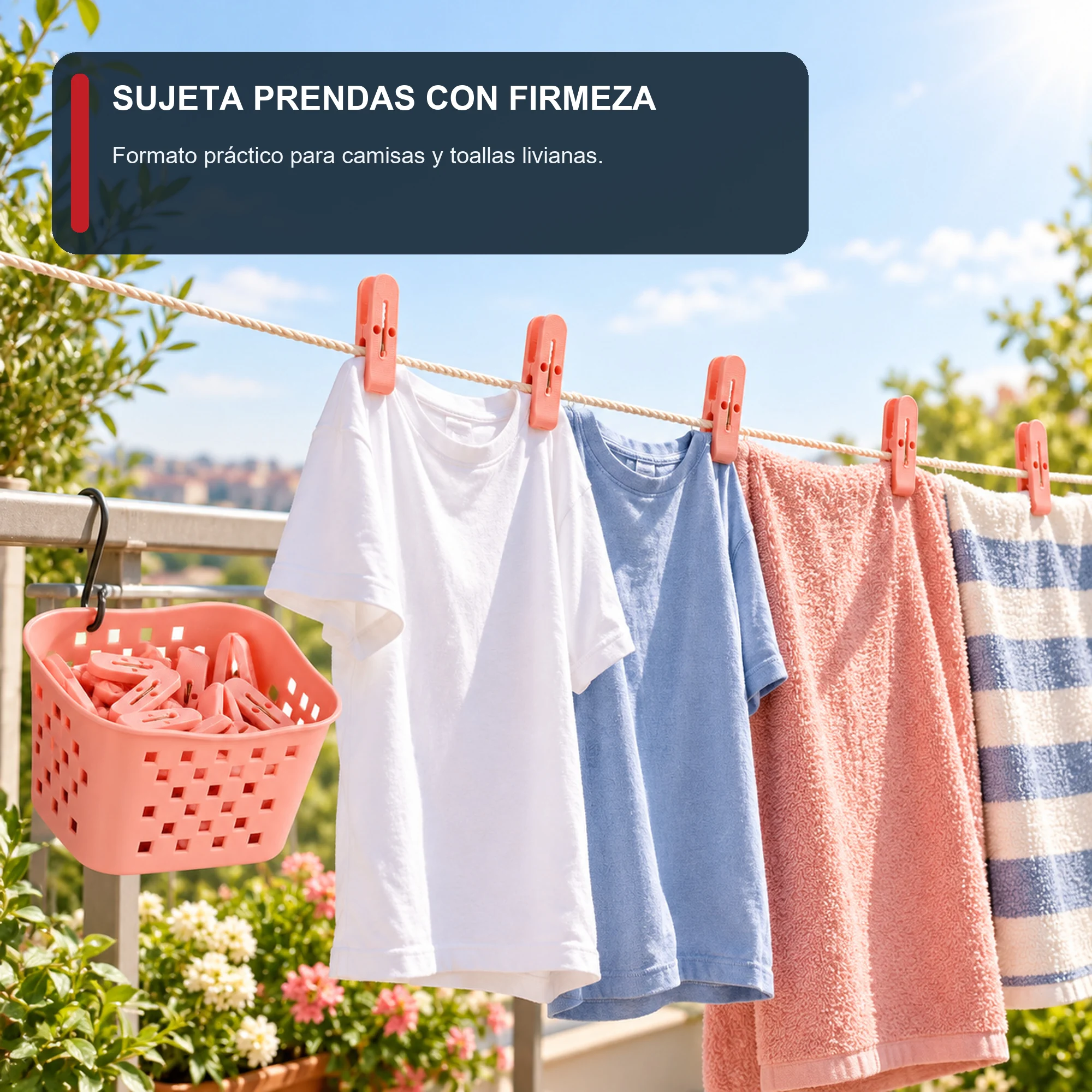 Set de Pinzas para Ropa con Canasto Cuadrado, 13,3 × 12 × 8,5 cm