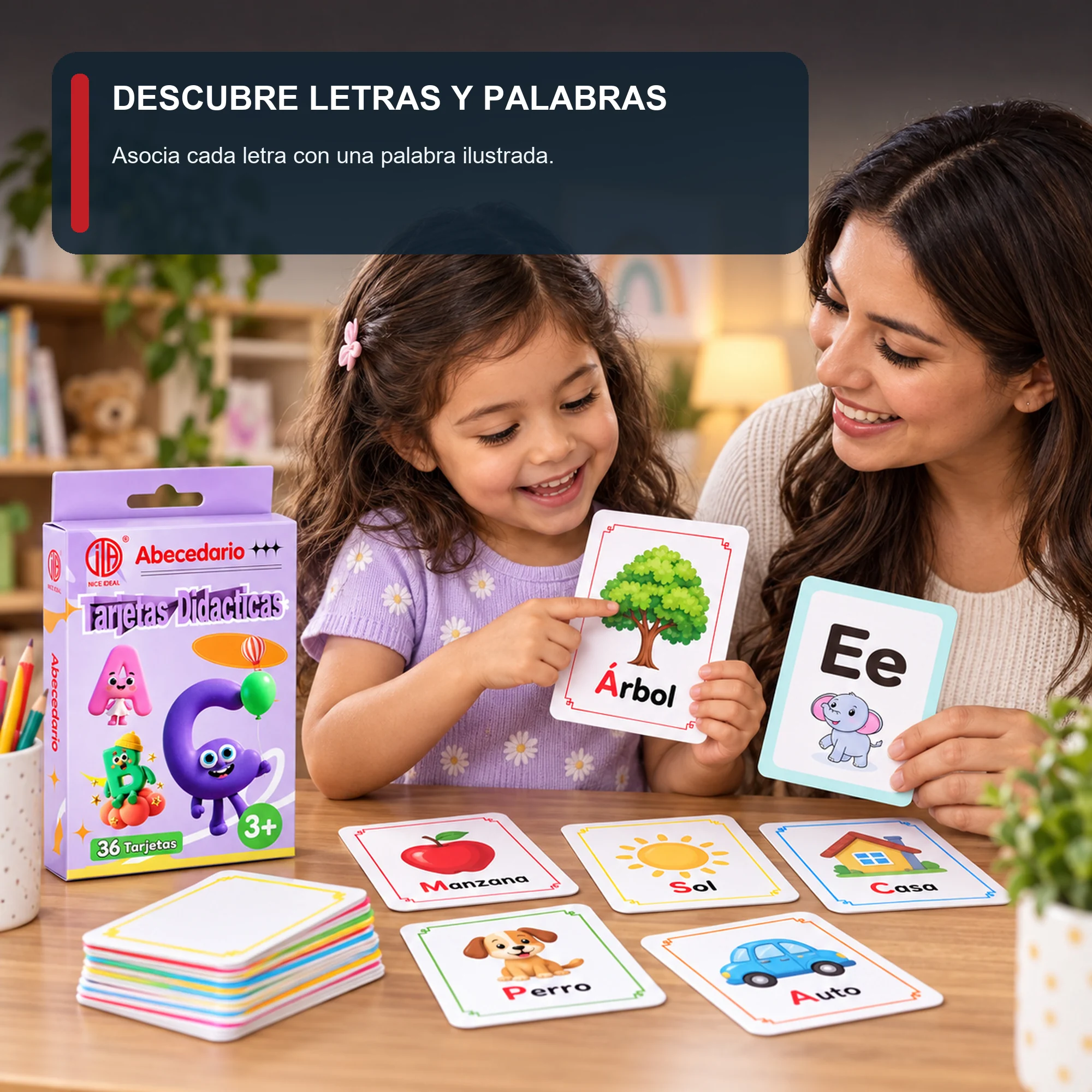 Tarjetas Didácticas de Abecedario en Español, 36 Unidades, 7,8 × 11,7 cm