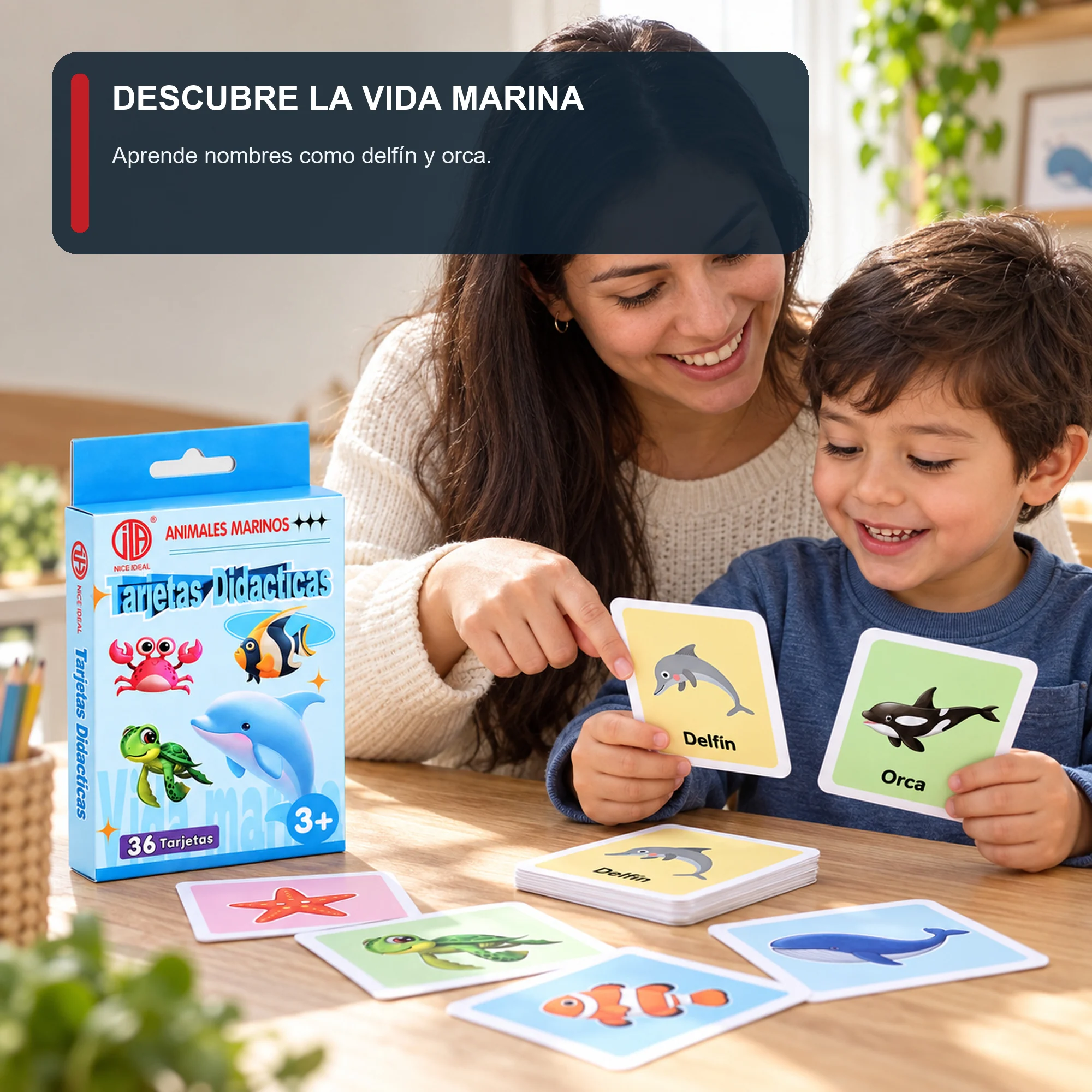 Tarjetas Didácticas de Animales Marinos, 36 Unidades, 7,8 × 11,7 cm