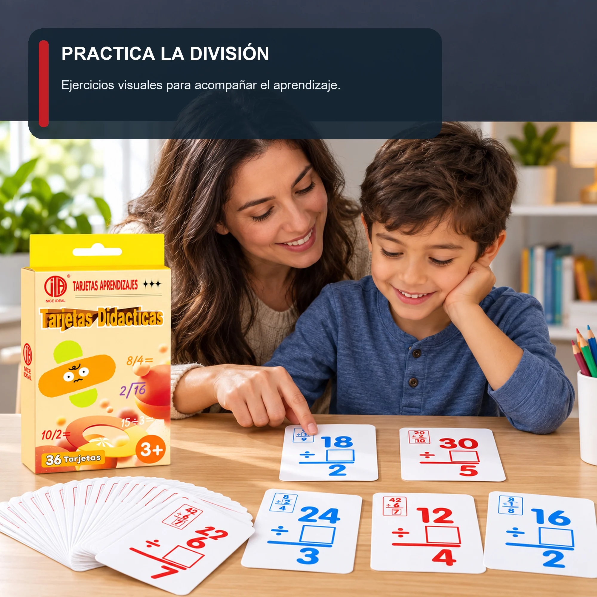 Tarjetas Didácticas de División, 36 Unidades, 7,8 × 11,7 cm