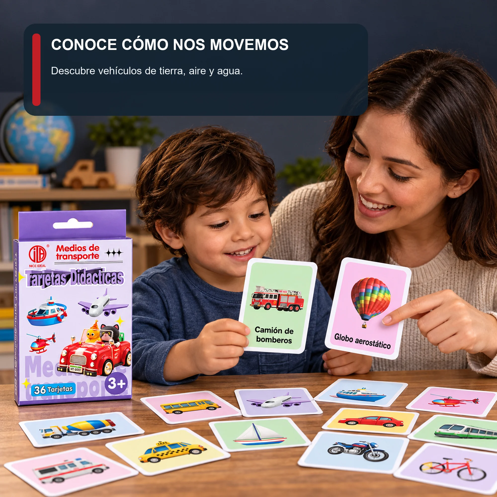 Tarjetas Didácticas de Medios de Transporte, 36 Unidades, 7,8 × 11,7 cm