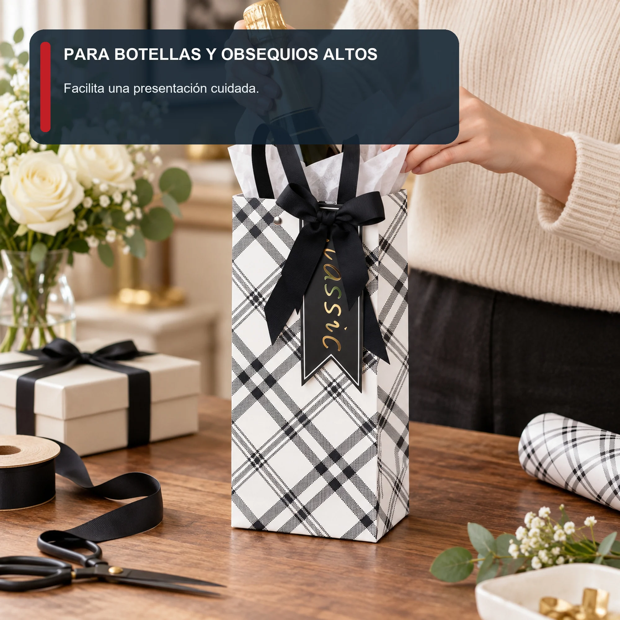 Bolsa de Regalo Bolsa Alta De Tartán Para Botella, 12,5 × 24 × 10 cm