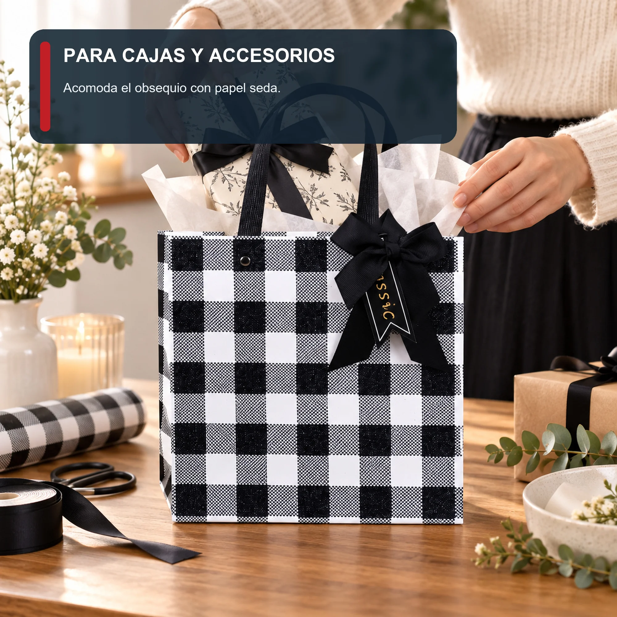 Bolsa de Regalo Bolsa Cuadrada A Cuadros Blanco Y Negro, 22 × 22 × 10 cm