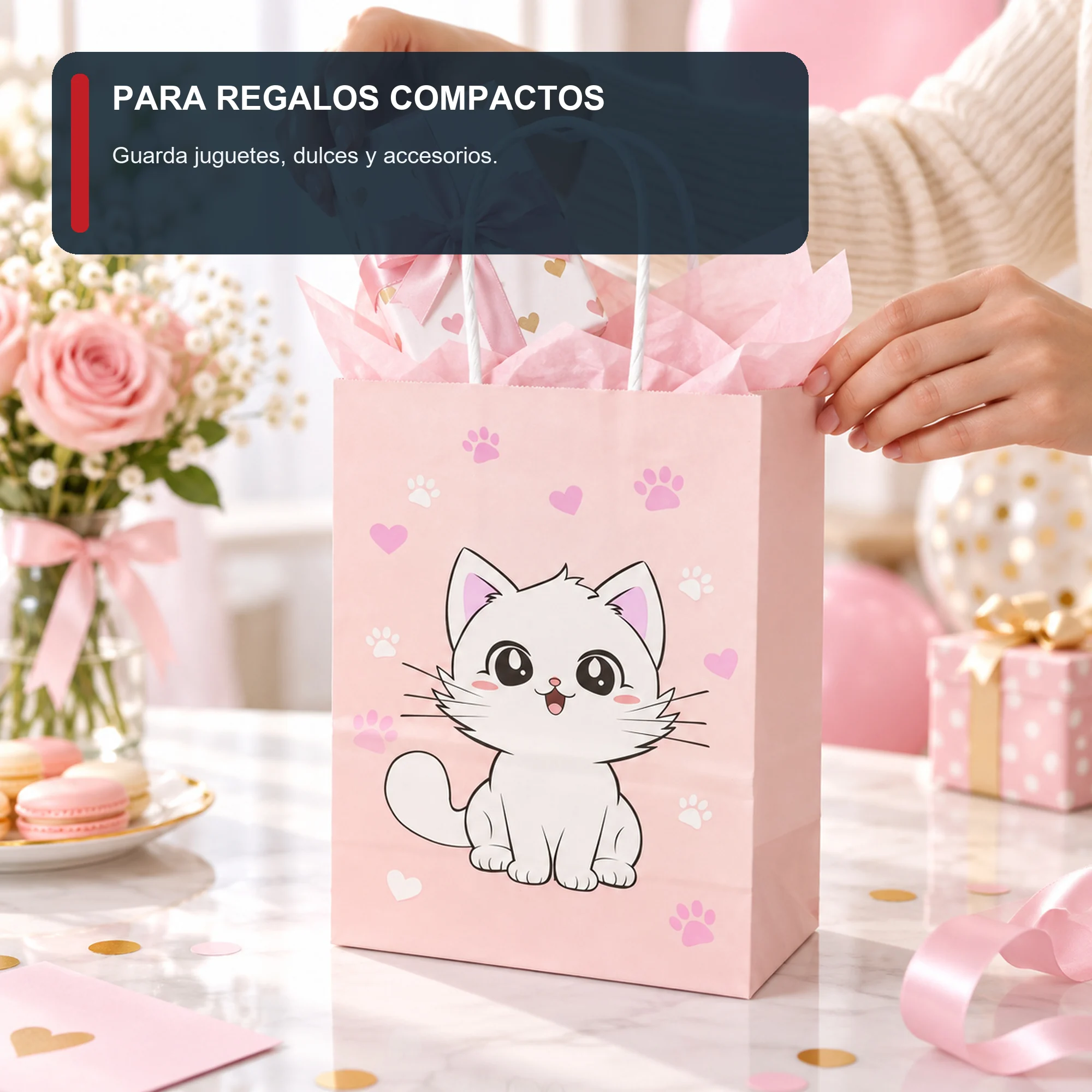 Bolsa de Regalo Infantil Estampada con Diseño De Gatito, 15 × 21 × 8 cm