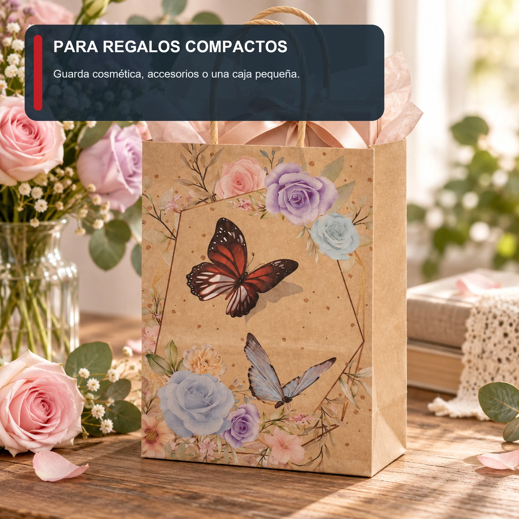 Bolsa de Regalo de Papel Kraft Estampada con Flores Y Mariposas, 15 × 21 × 8 cm, Diseños Surtidos