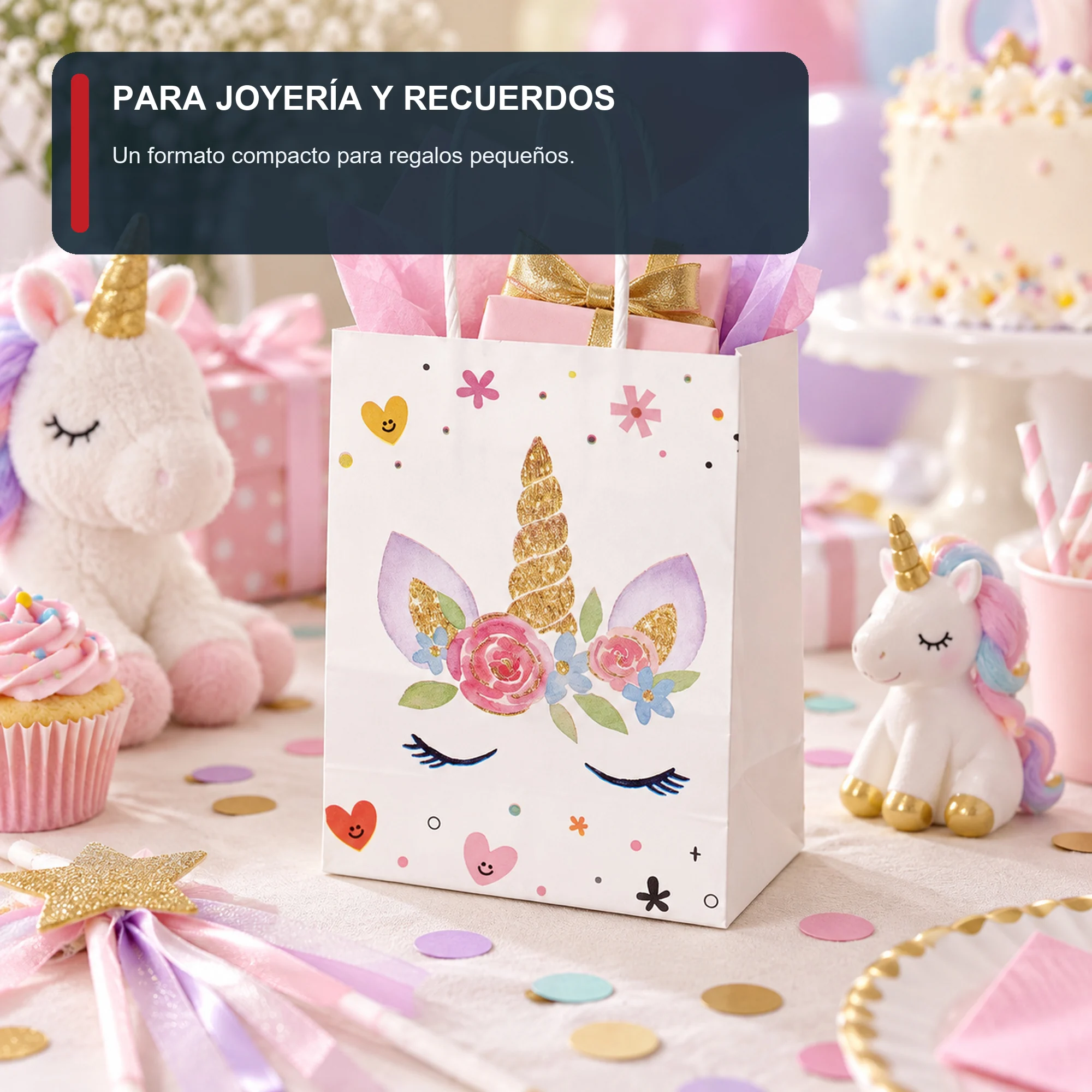 Bolsa de Regalo de Papel con Diseño De Unicornio y Asas Trenzadas, 11 × 15 × 6 cm, Diseños Surtidos