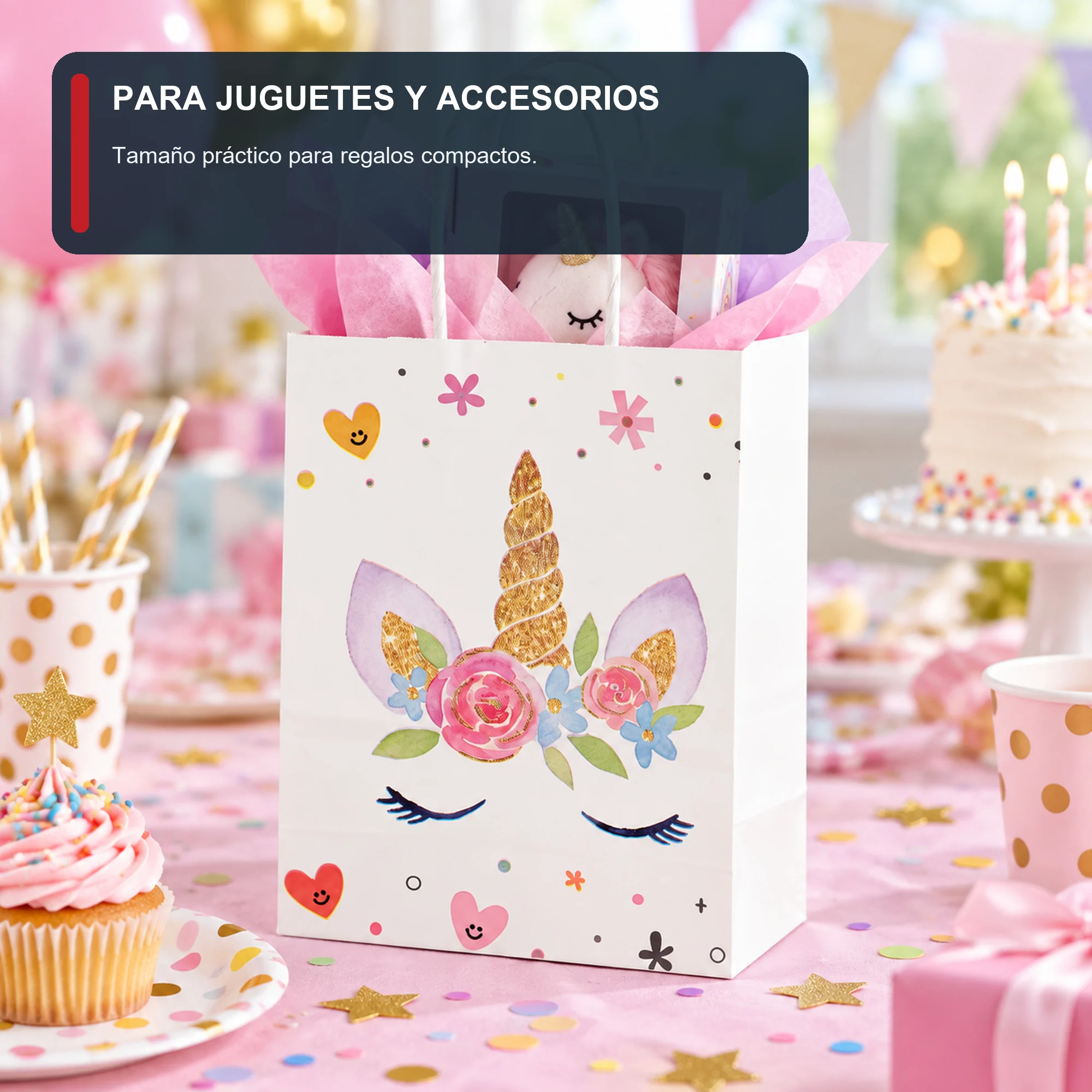 Bolsa de Regalo de Papel con Diseño De Unicornio y Asas Trenzadas, 15 × 21 × 8 cm, Diseños Surtidos