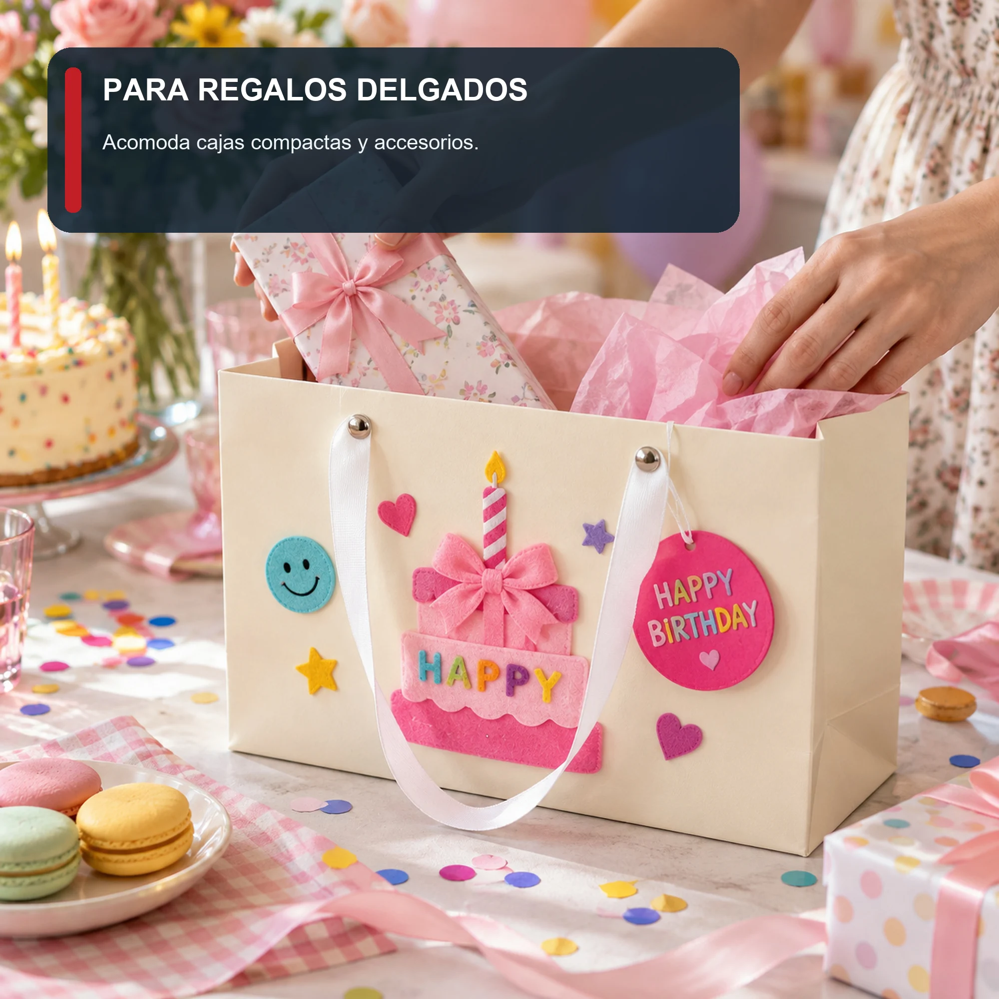 Bolsa de Regalo Rígida Ancha De Cumpleaños con Torta Con Lazo Y Vela, 24,5 × 19,5 × 9,5 cm