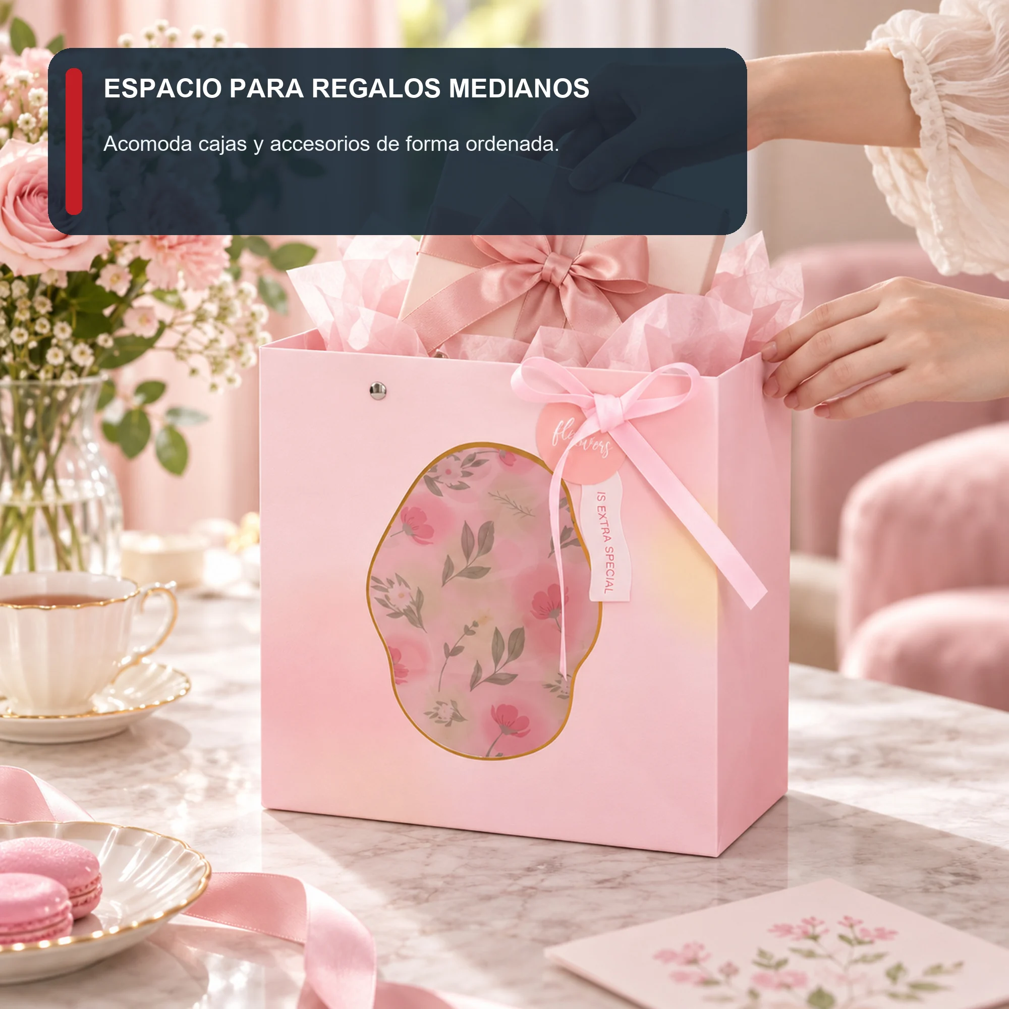 Bolsa de Regalo Rígida Floral con Formato Cuadrado Floral, 22 × 22 × 10 cm