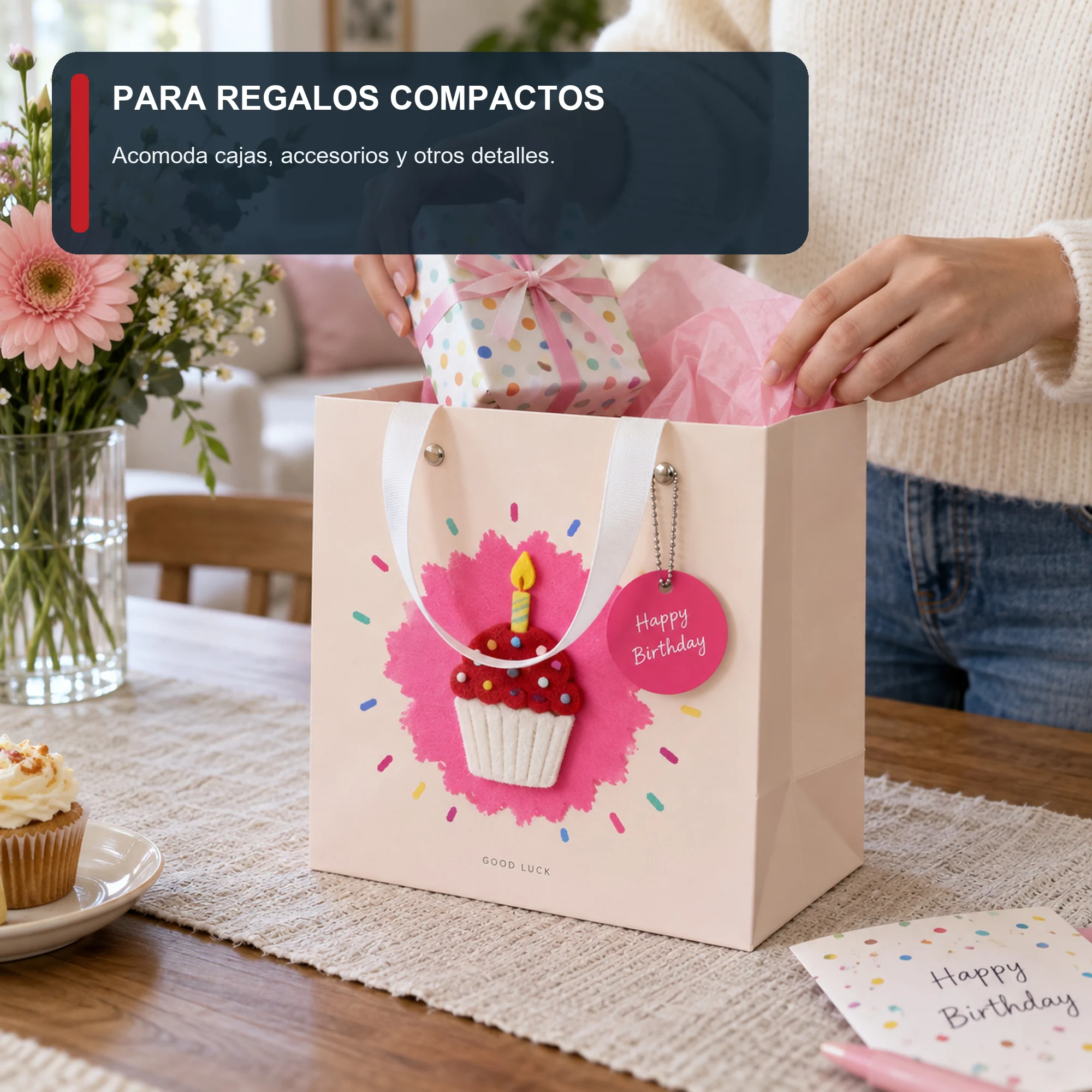 Bolsa de Regalo Rígida De Cumpleaños con Aplique De Cupcake, 22 × 22 × 10 cm