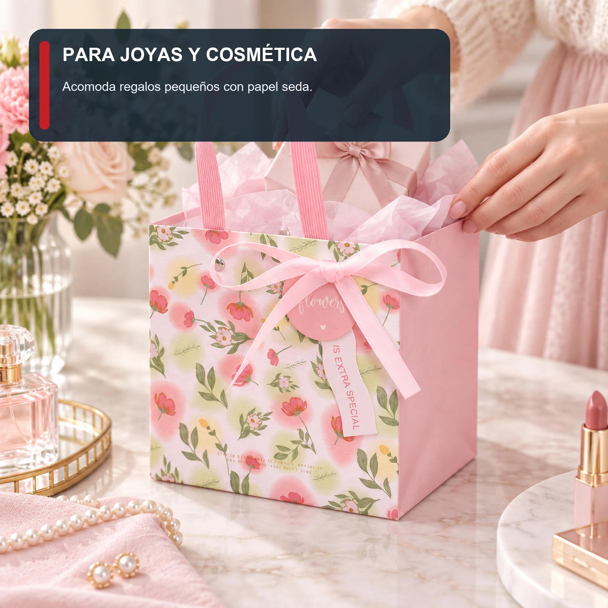 Bolsa de Regalo Rígida Floral con Formato Compacto Floral, 14,5 × 14,5 × 10 cm