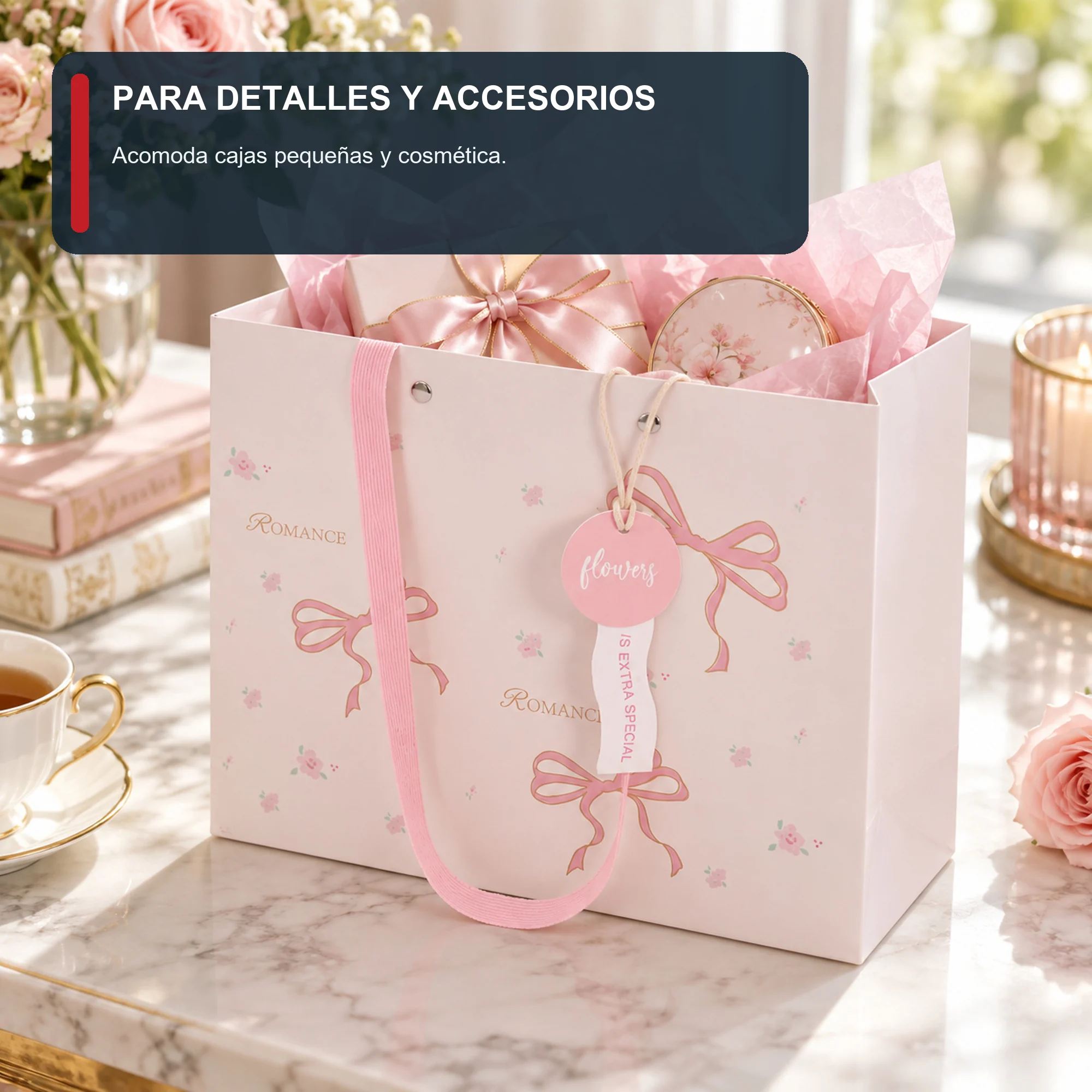 Bolsa de Regalo Rígida Estampada con Lazos Con Borde Dorado, 24,5 × 19,5 × 9,5 cm