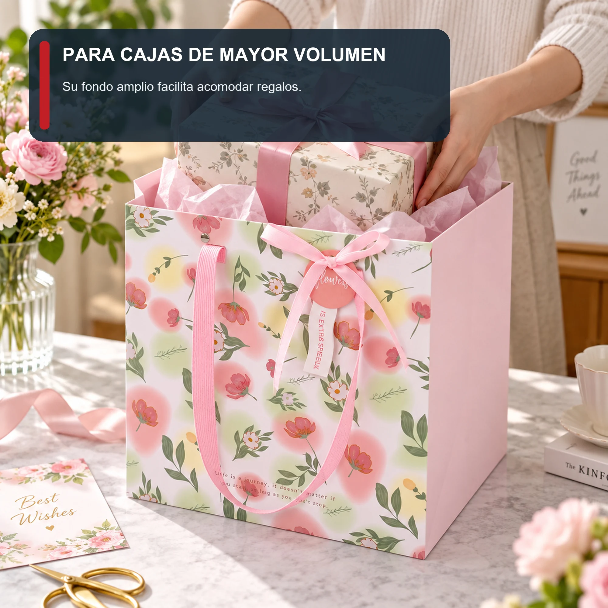 Bolsa de Regalo Rígida Floral con Formato Cuadrado Profundo, 26 × 26 × 25 cm