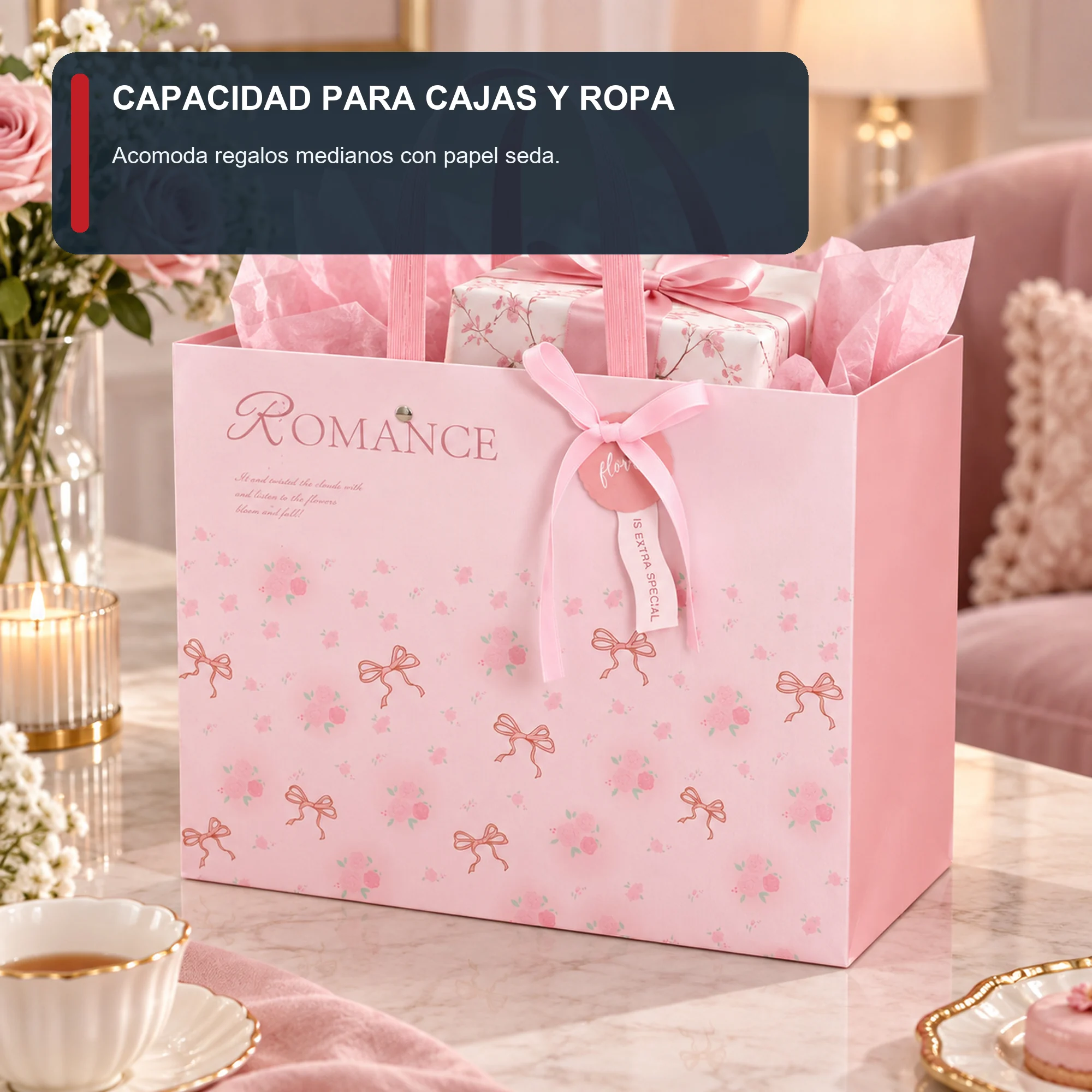 Bolsa de Regalo Rígida Romántica con Formato Ancho Romántico, 32 × 25,5 × 15 cm