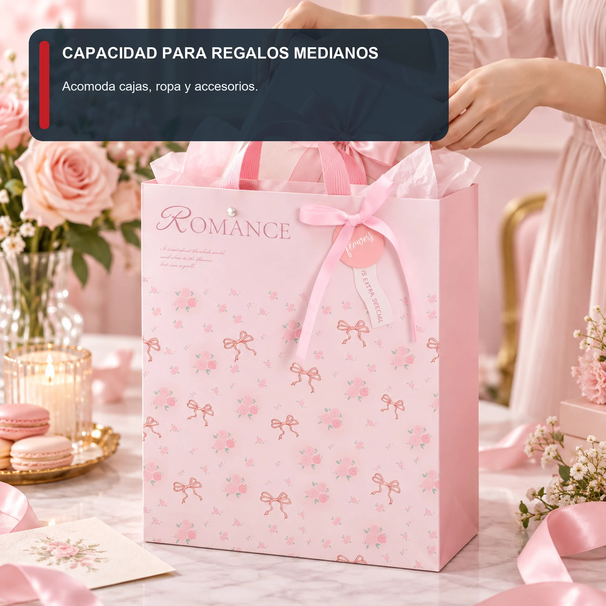 Bolsa de Regalo Rígida Romántica con Formato Alto Romántico, 26 × 32 × 12,5 cm