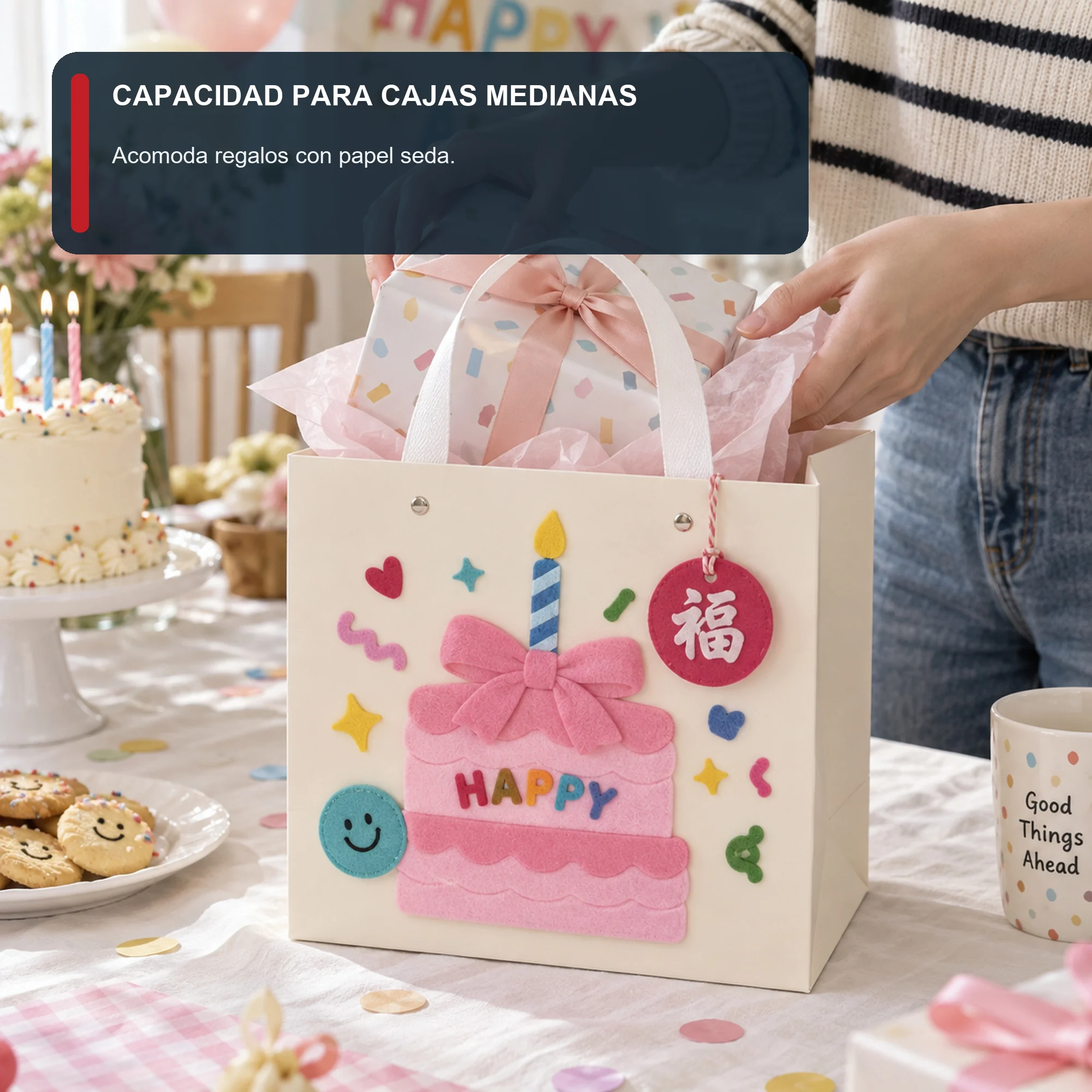 Bolsa de Regalo Rígida De Cumpleaños con Torta Con Lazo Y Vela, 20 × 20 × 20 cm
