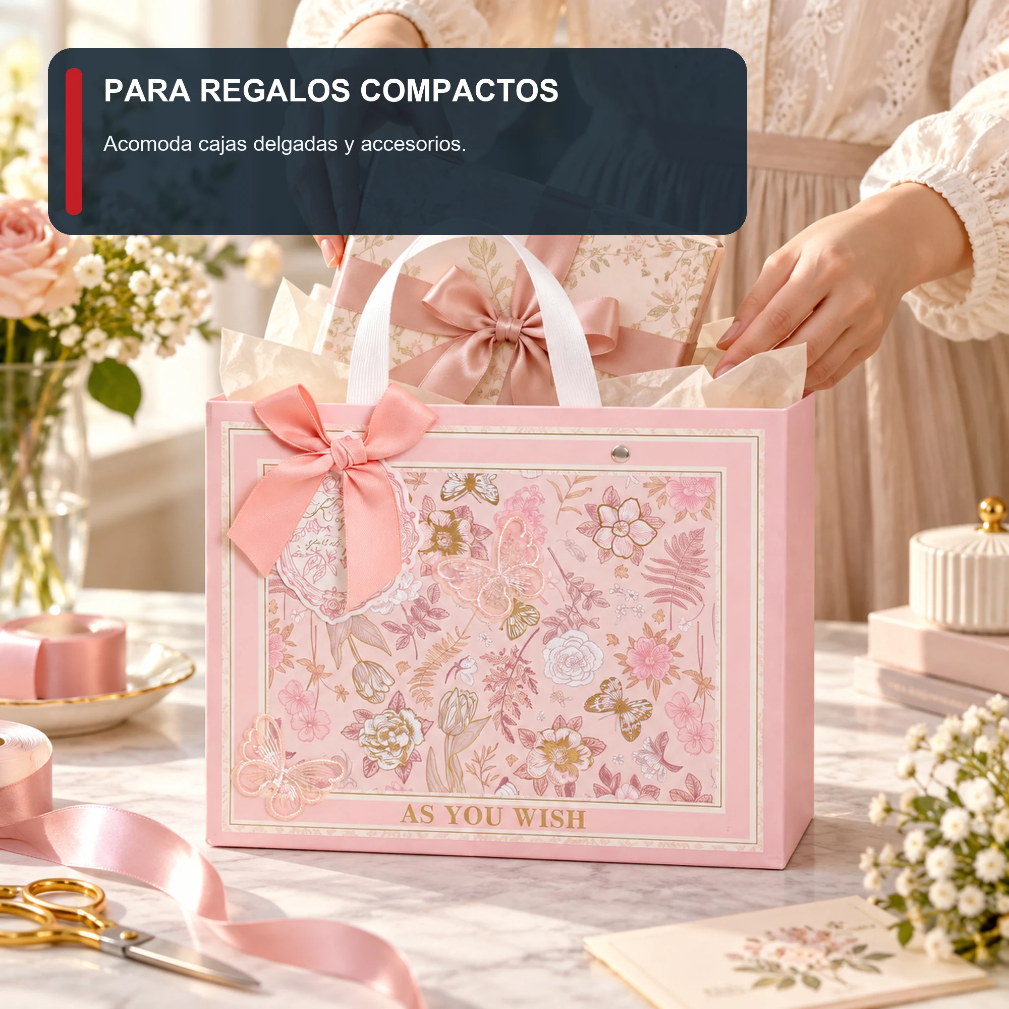 Bolsa de Regalo Rosada Floral Ancha, 24,5 × 19,5 × 9,5 cm