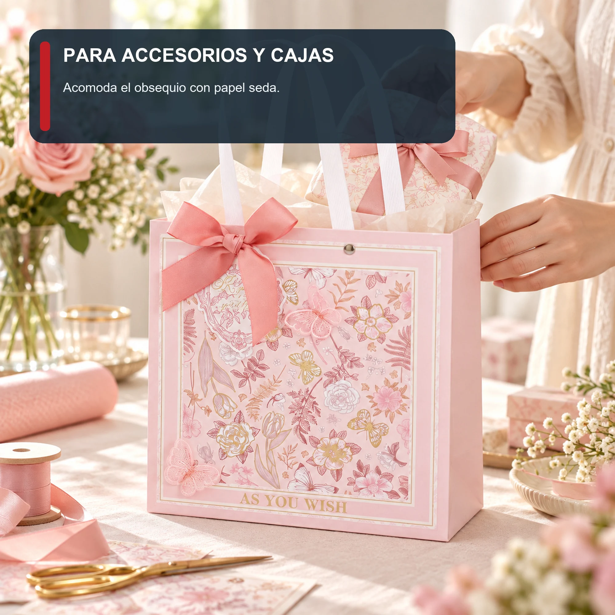 Bolsa de Regalo Rosada Floral Con Mariposas, 22 × 22 × 10 cm