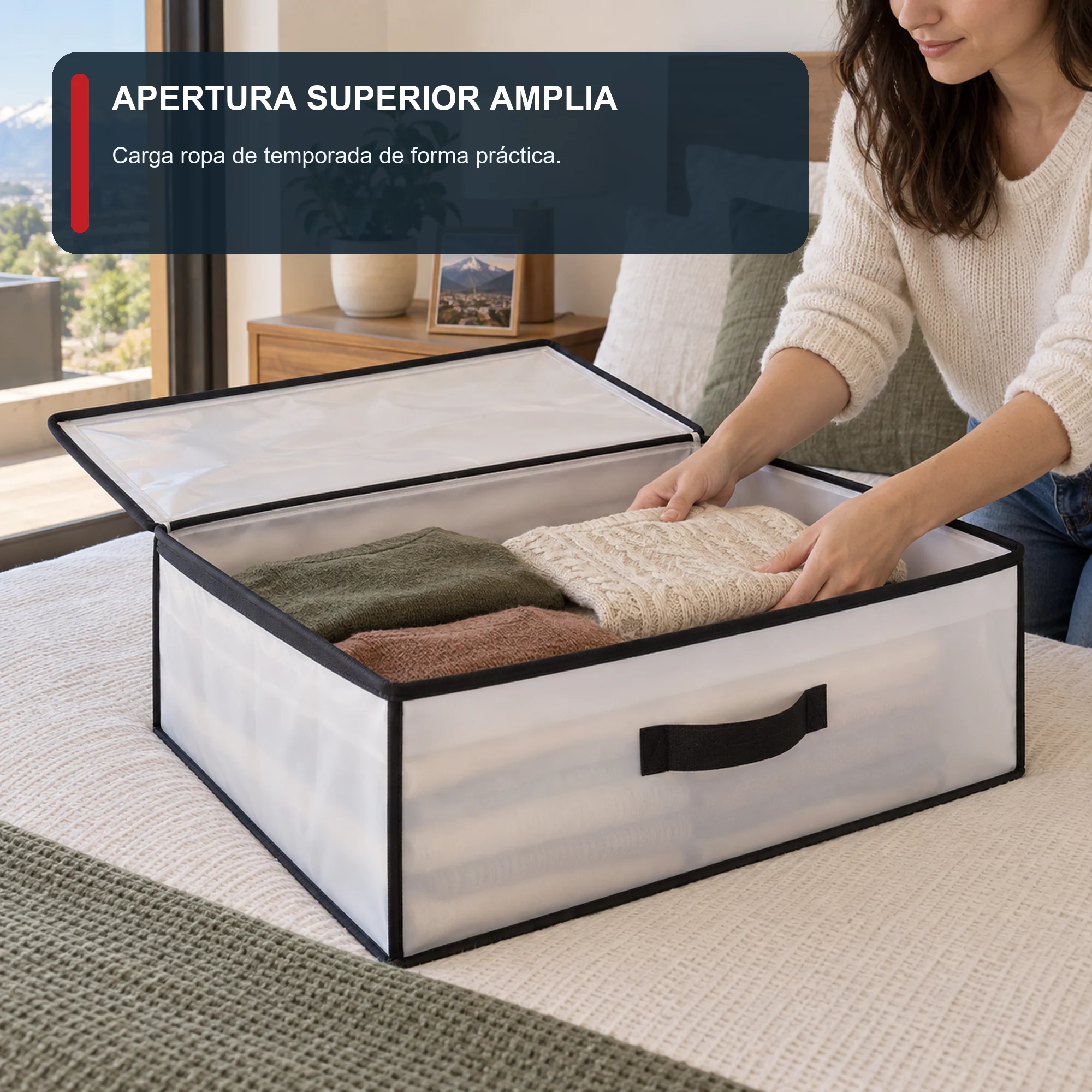 Caja organizadora grande de perfil bajo de PEVA y PP, 41 × 35 × 20 cm, 1 Unidad