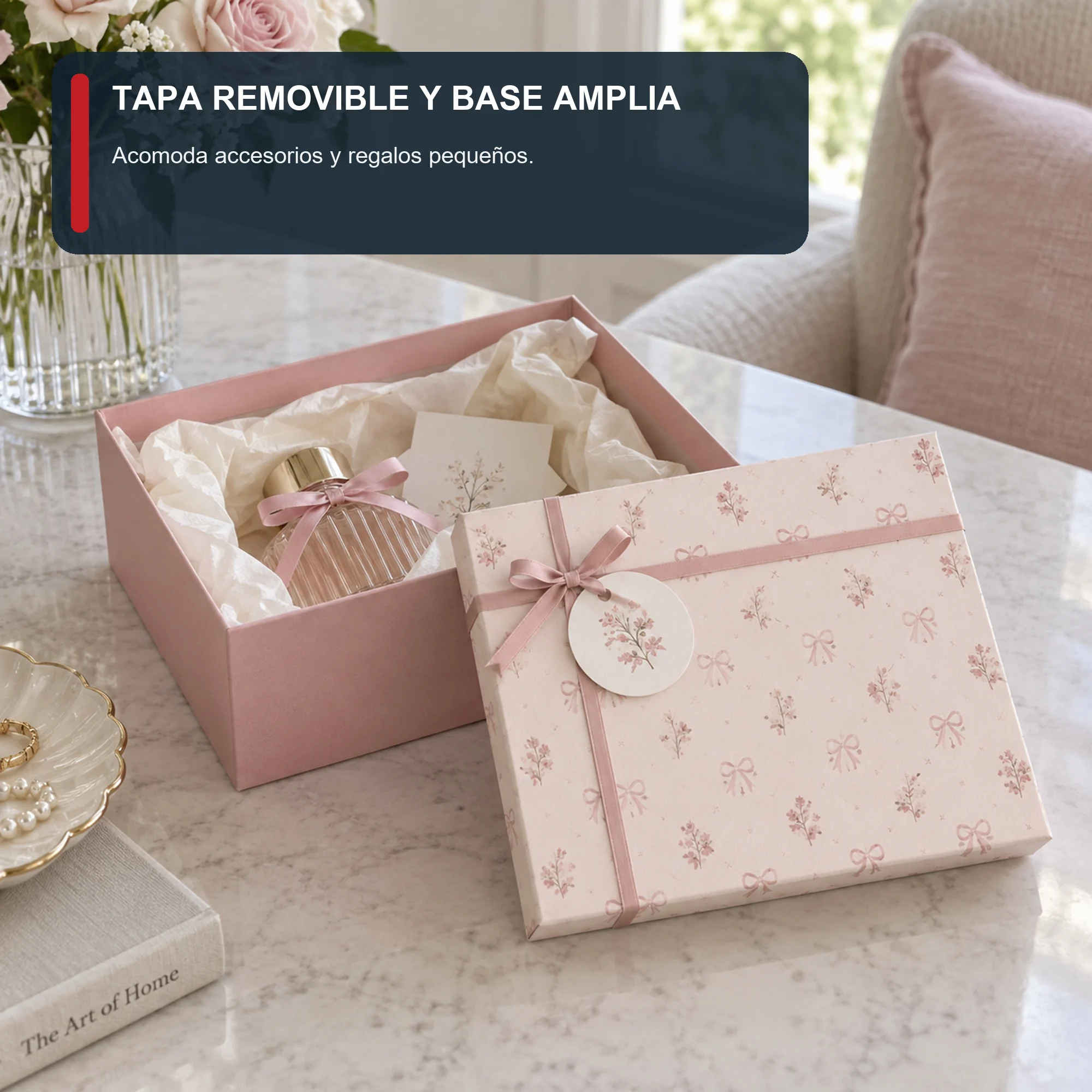 Caja de Regalo Caja Rígida Floral con Tapa y Cinta, 22,5 × 17 × 10 cm
