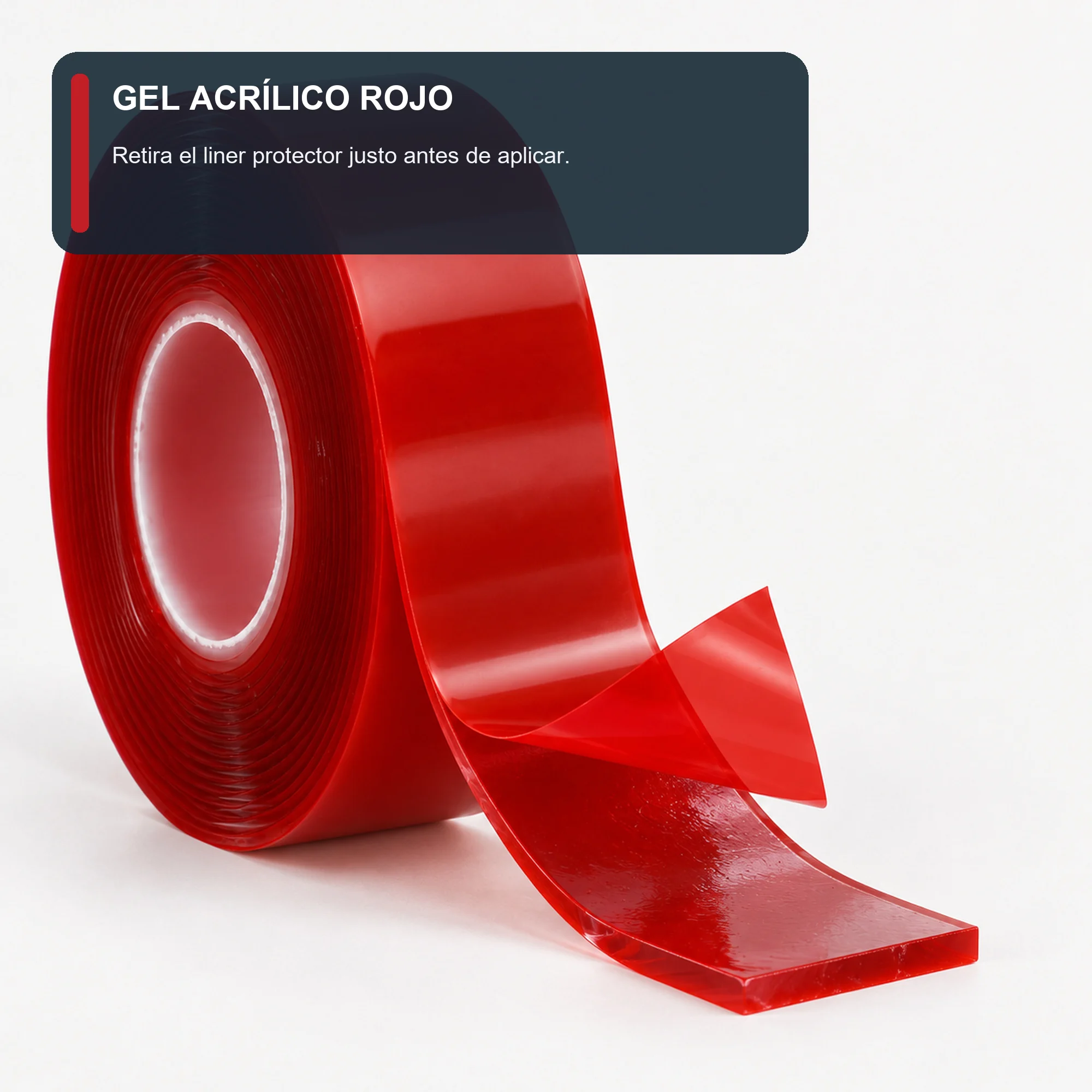 Cinta Doble Contacto de Gel Acrílico Roja, 19 mm × 2 m