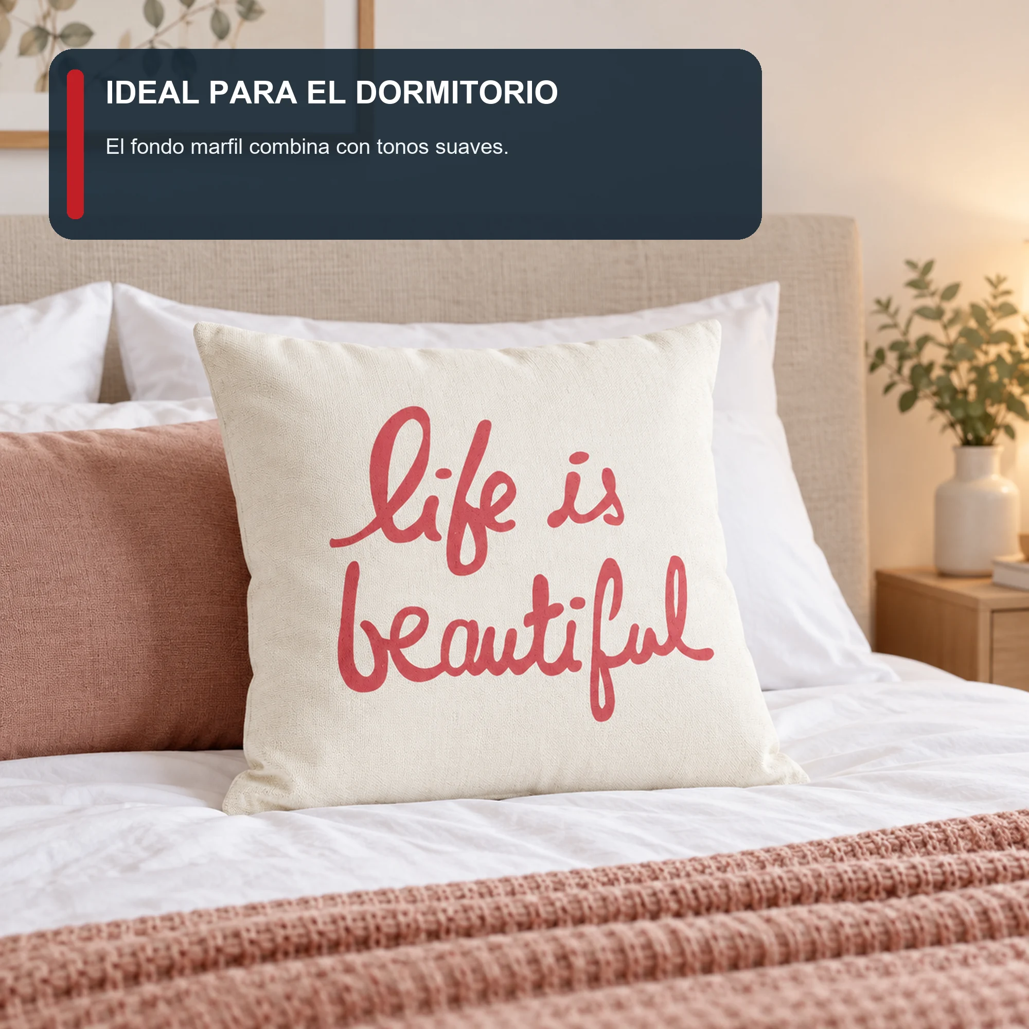 Funda Decorativa para Cojín Marfil Con Frase Life Is Beautiful, 43 × 43 cm