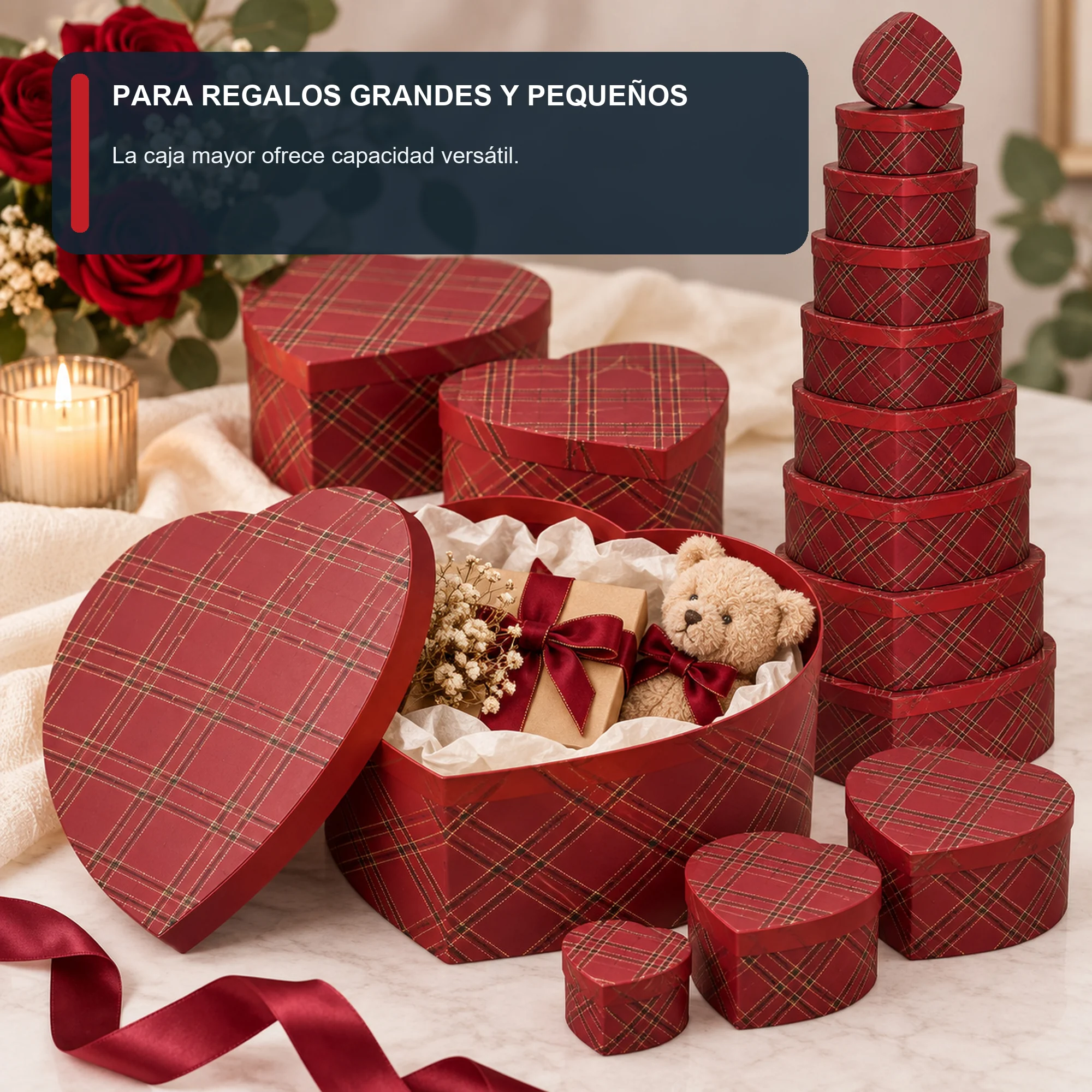 Juego de 10 Cajas de Regalo Juego De Cajas Corazón Con Cuadrillé, Tamaños Surtidos