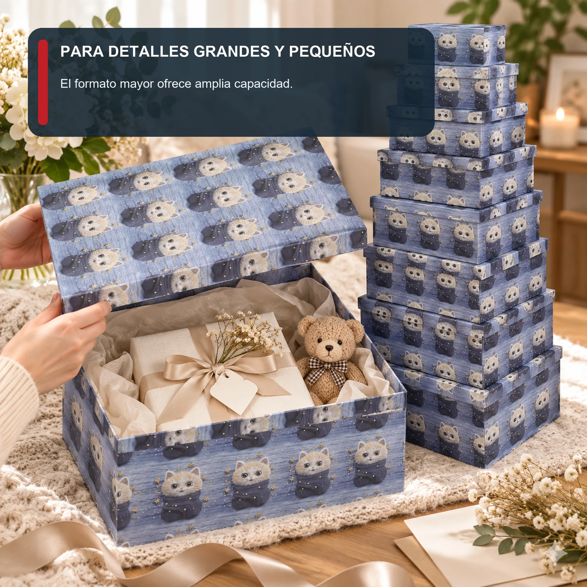 Juego de 10 Cajas de Regalo Juego Rectangular Azul Con Gatitos, Tamaños Surtidos