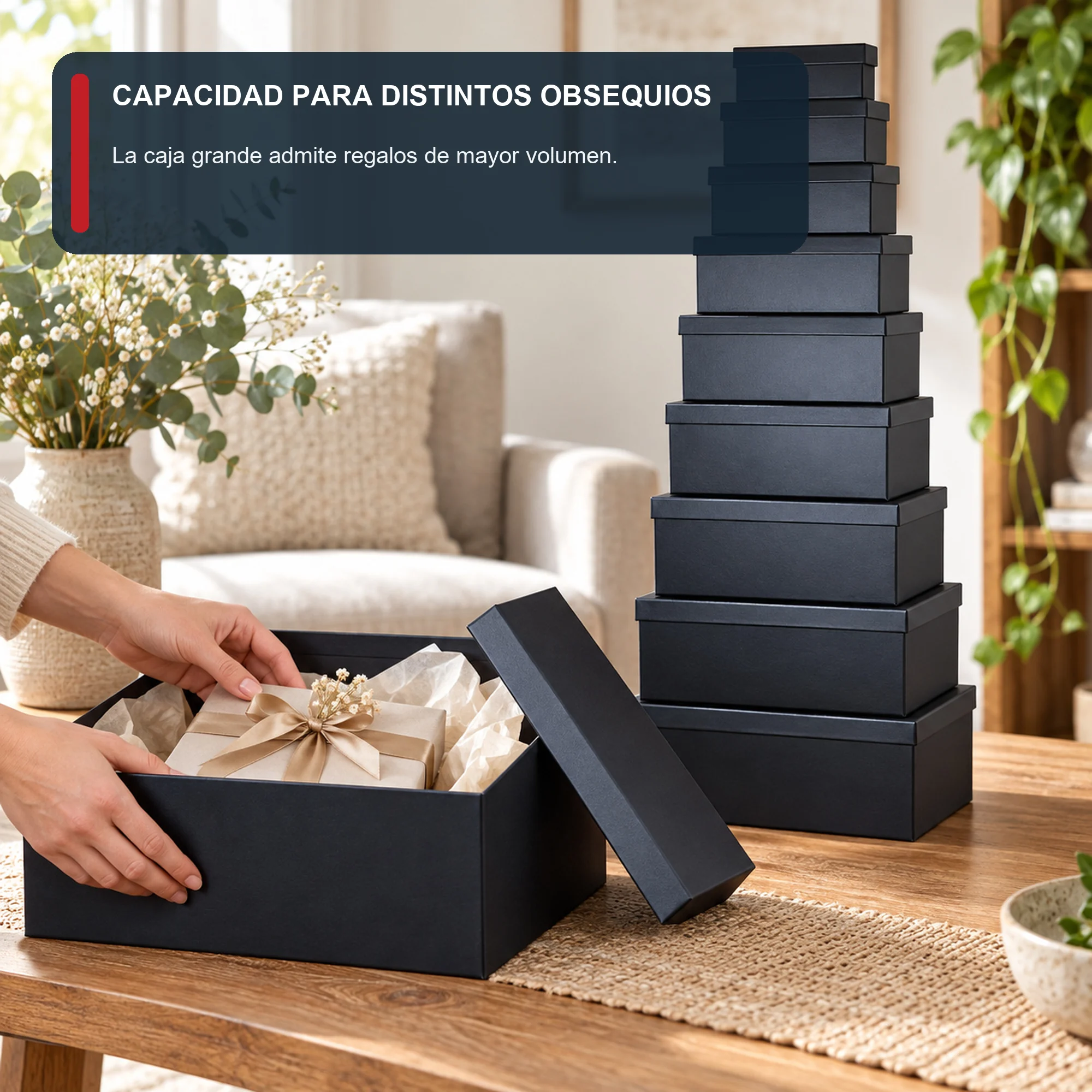 Juego de 10 Cajas de Regalo Juego Rectangular Negro Mate, Tamaños Surtidos