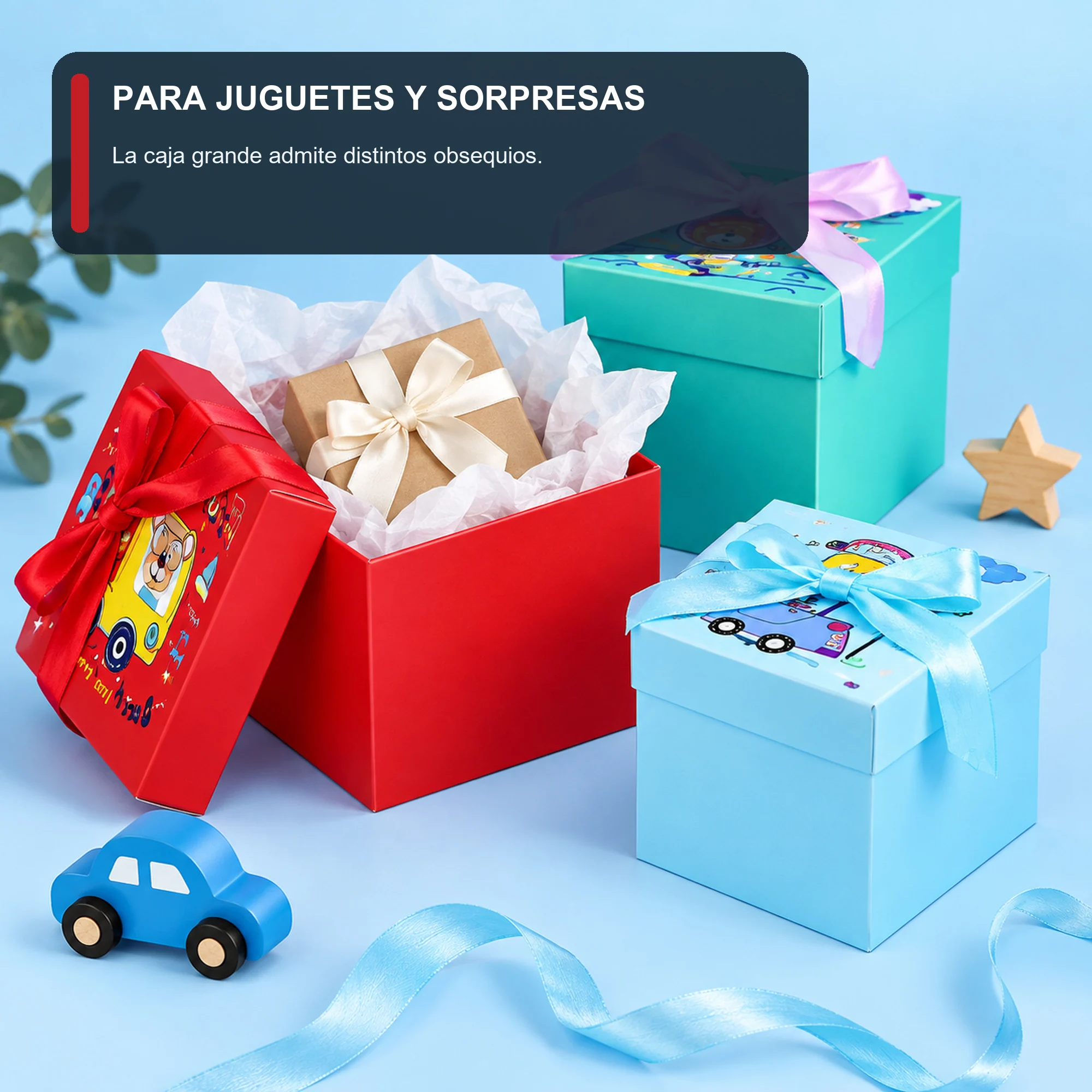 Juego de 3 Cajas de Regalo Juego De Cajas Infantiles Con Vehículos Y Lazo, Tres Tamaños