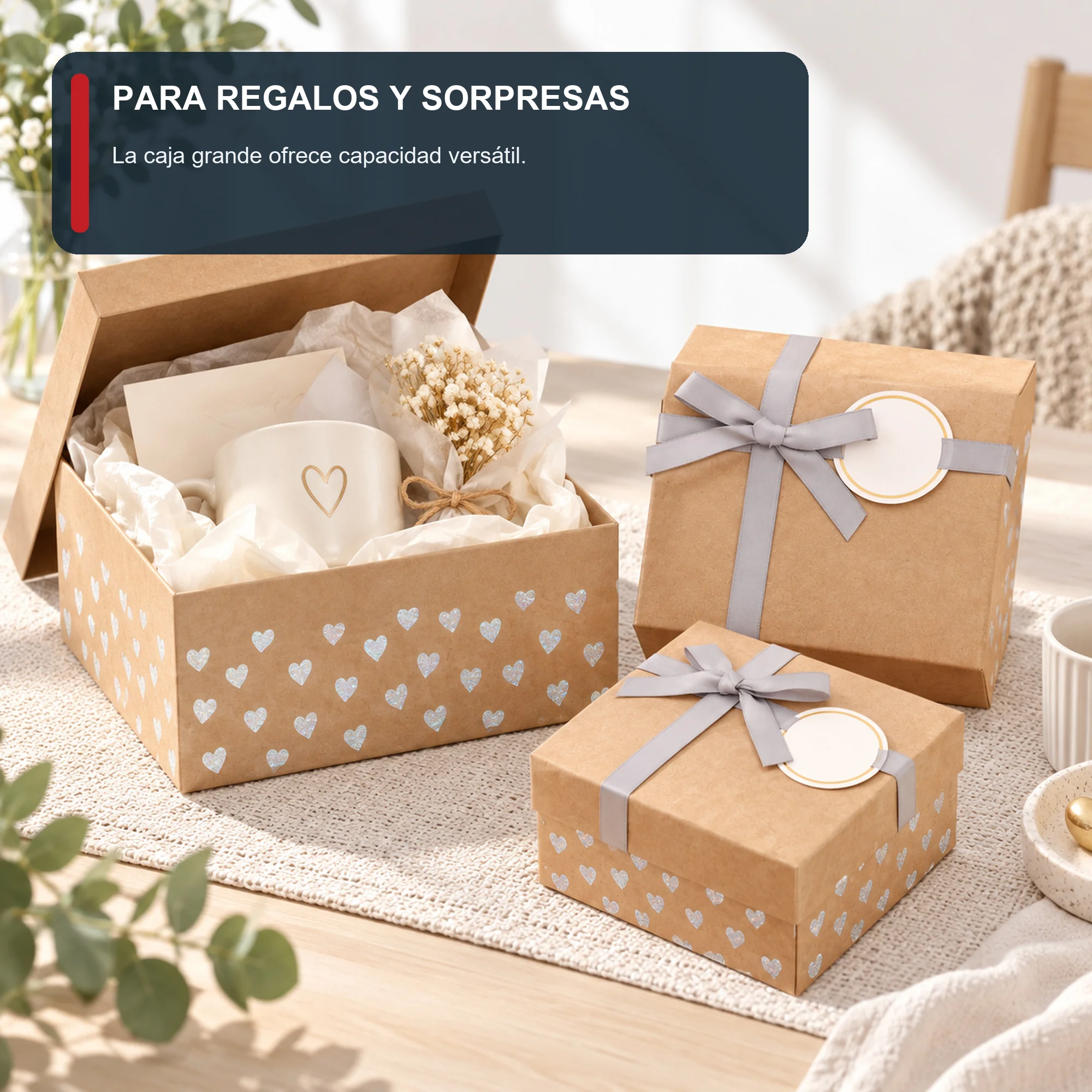 Juego de 3 Cajas de Regalo Juego De Cajas Kraft Con Corazones Holográficos, Tres Tamaños