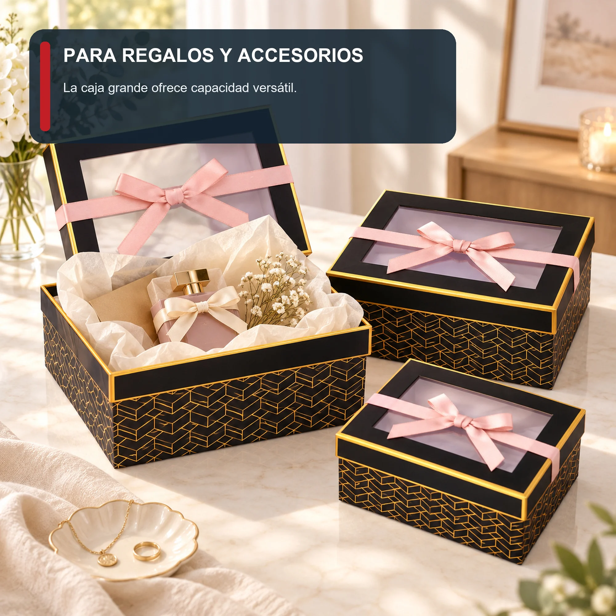 Juego de 3 Cajas de Regalo Juego De Cajas Negras Con Ventana Y Lazo Rosado, Tres Tamaños