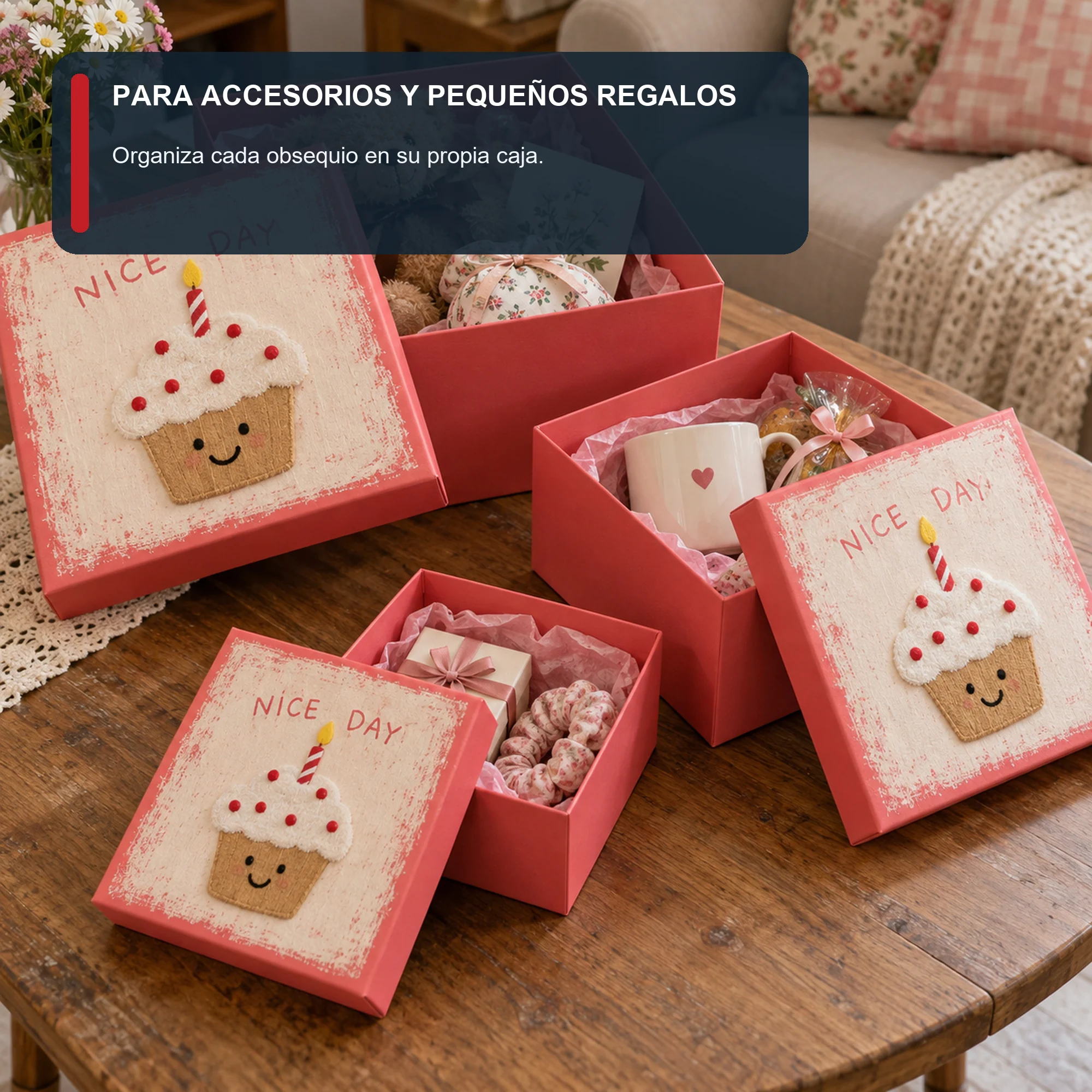 Juego de 3 Cajas de Regalo Juego De Cajas Cuadradas Con Cupcake, Tres Tamaños
