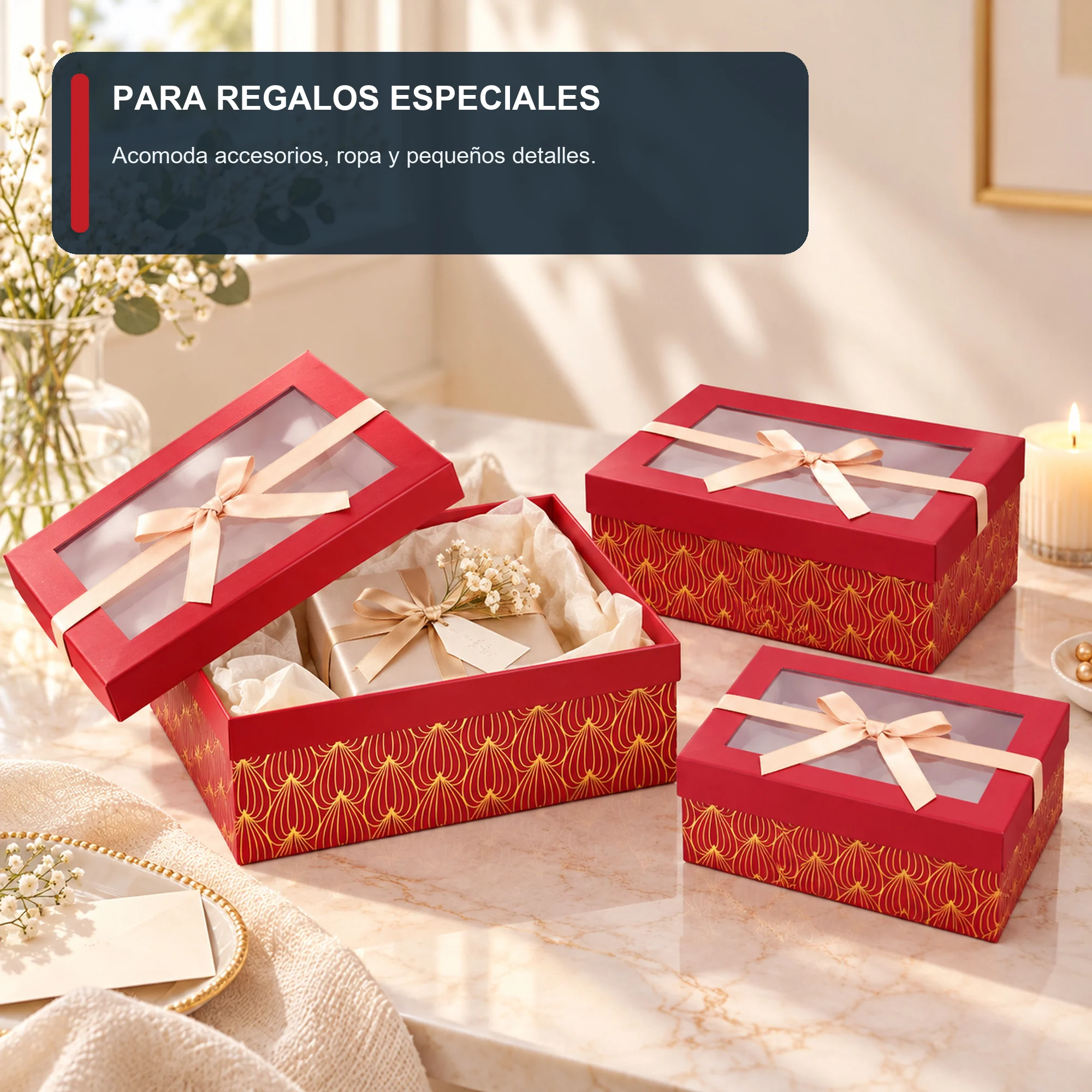 Juego de 3 Cajas de Regalo Juego De Cajas Rojas Con Ventana Y Lazo Champaña, Tres Tamaños