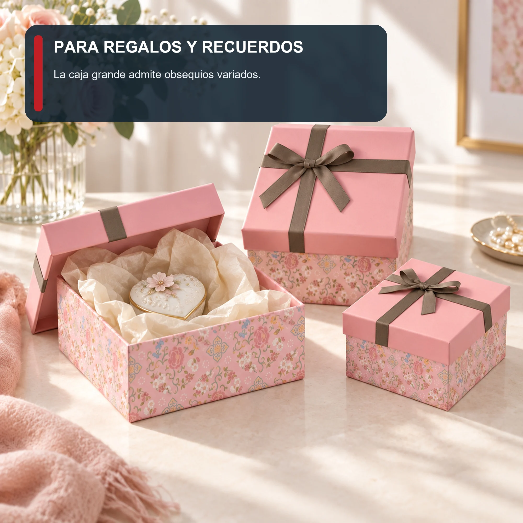 Juego de 3 Cajas de Regalo Juego De Cajas Rosadas Con Laterales Florales, Tres Tamaños