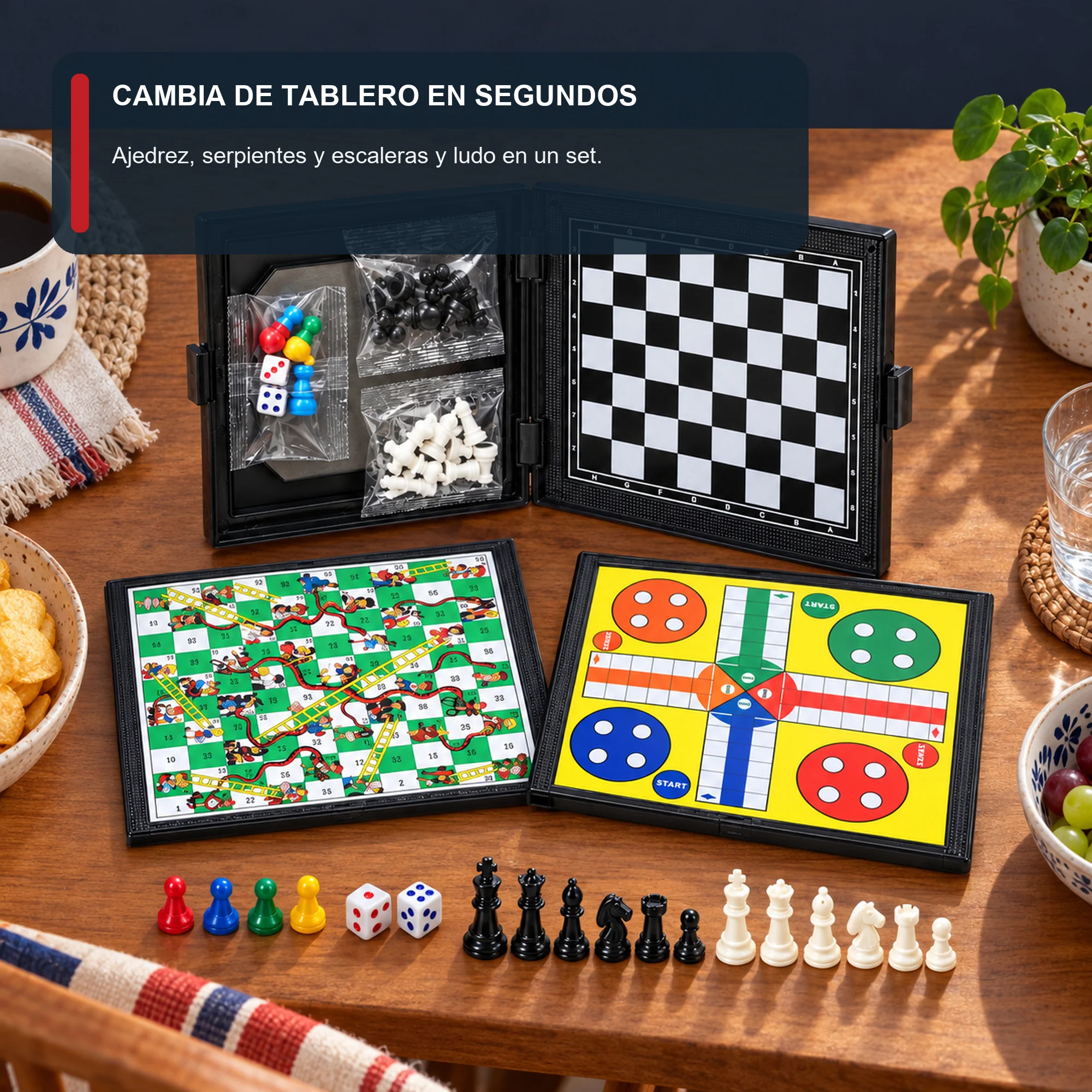 Juego de Mesa 3 en 1 Compacto con Estuche, 14,5 × 14,5 cm