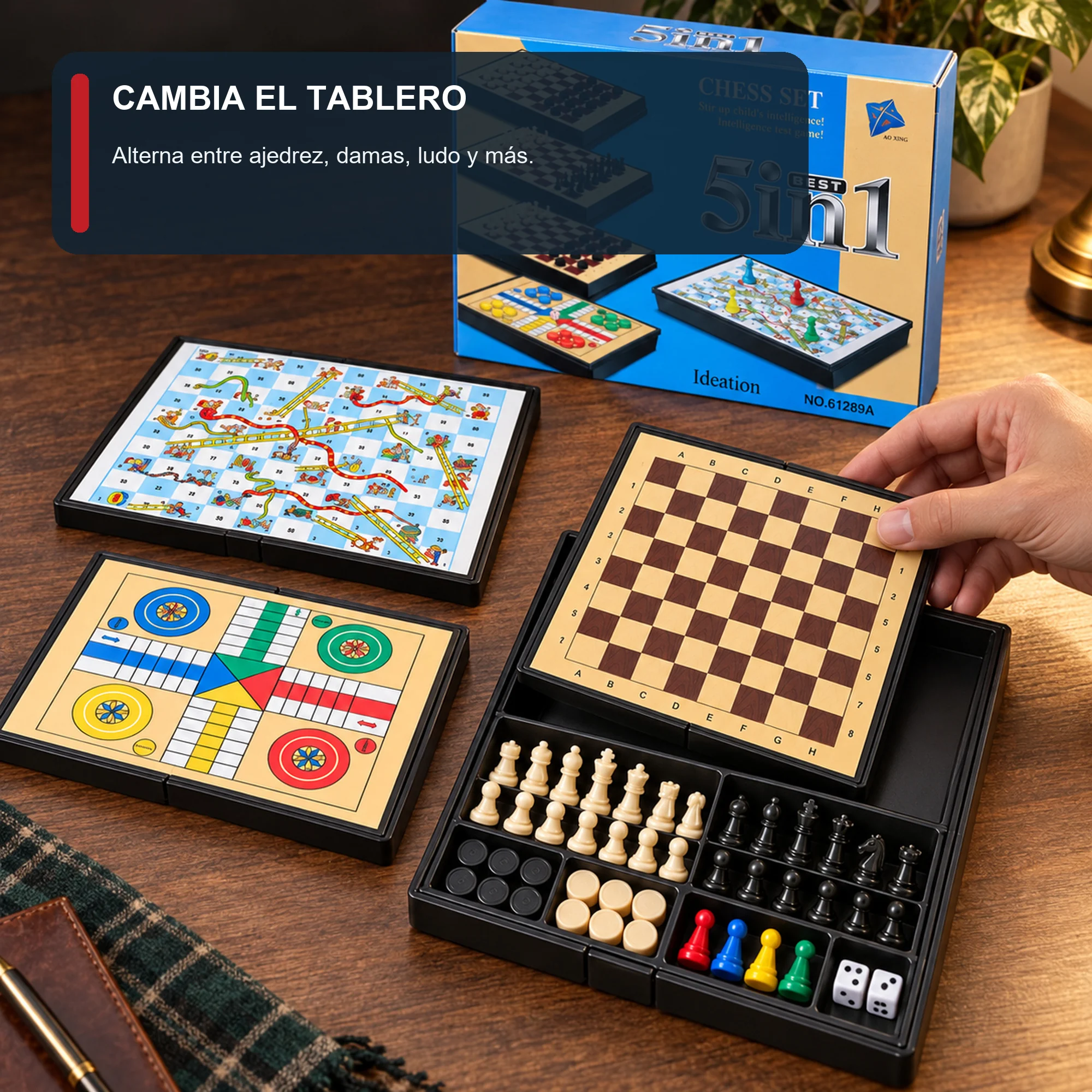 Juego de Mesa 5 en 1 Compacto con Estuche, 11,5 × 16,5 cm