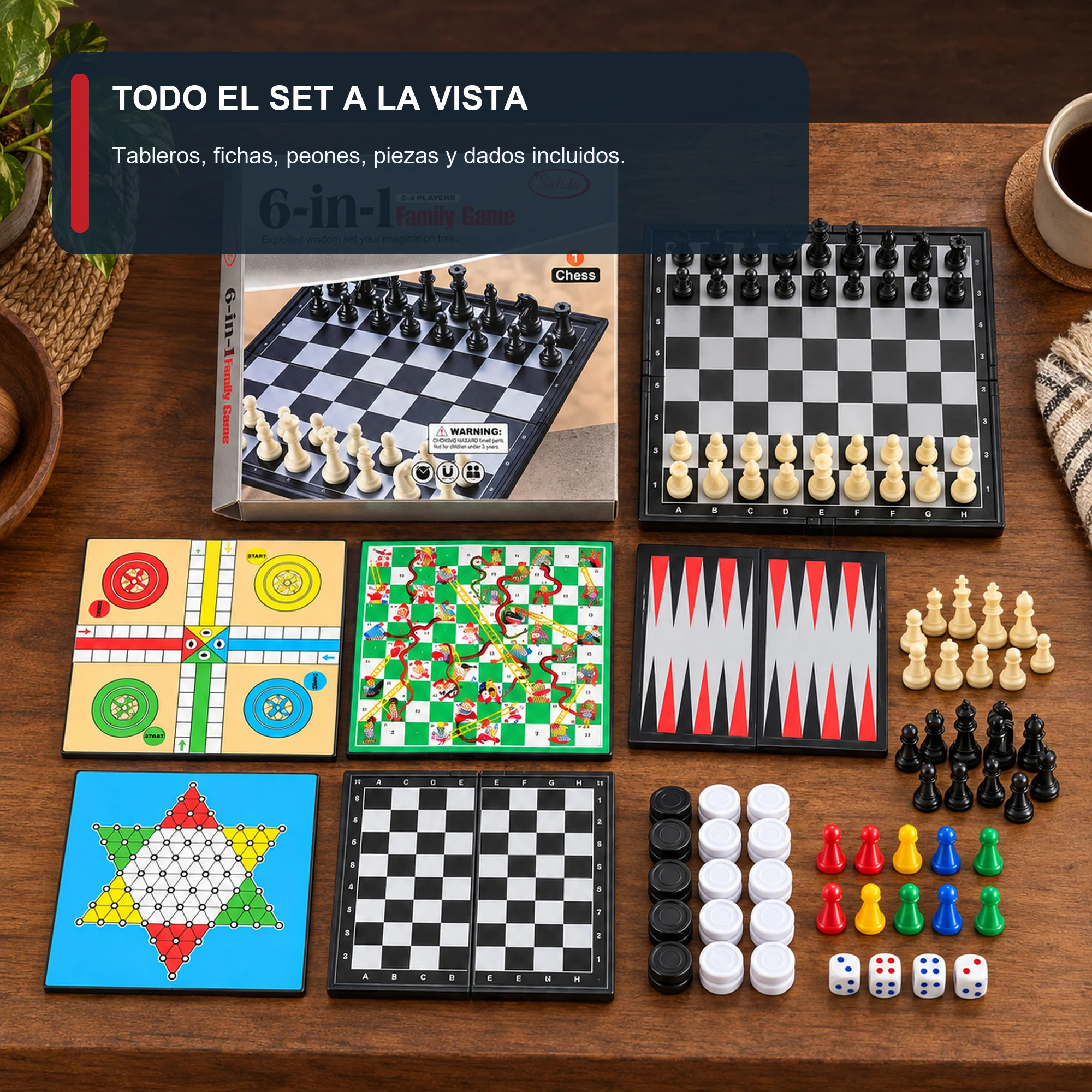 Juego de Mesa Sulida 6 en 1 para 2–4 Jugadores, 18,3 × 17,6 cm